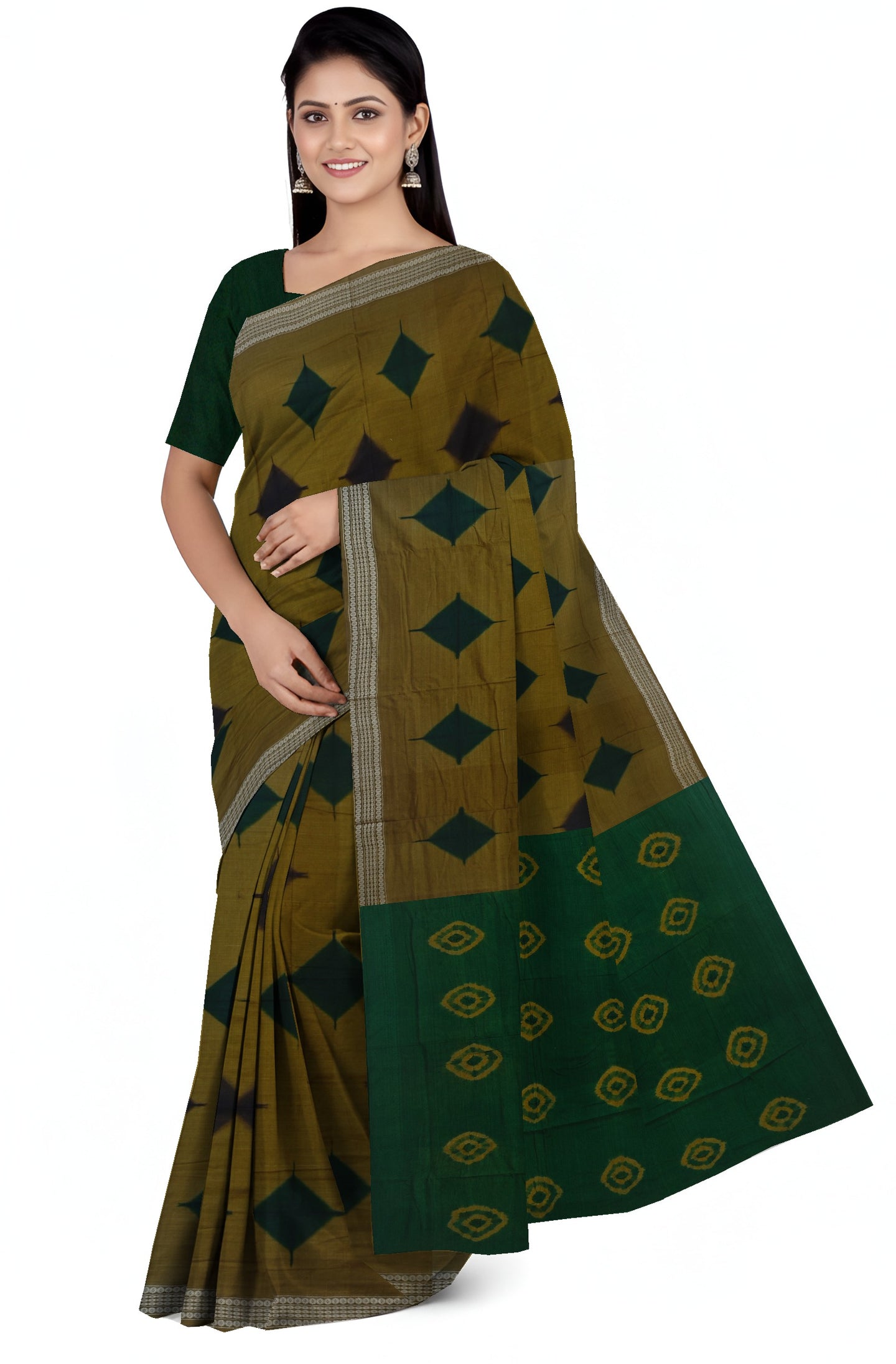 Deep Olive  Sambalapuri Bandhini Saree | Odisha Handloom GI Tagged | Devnika