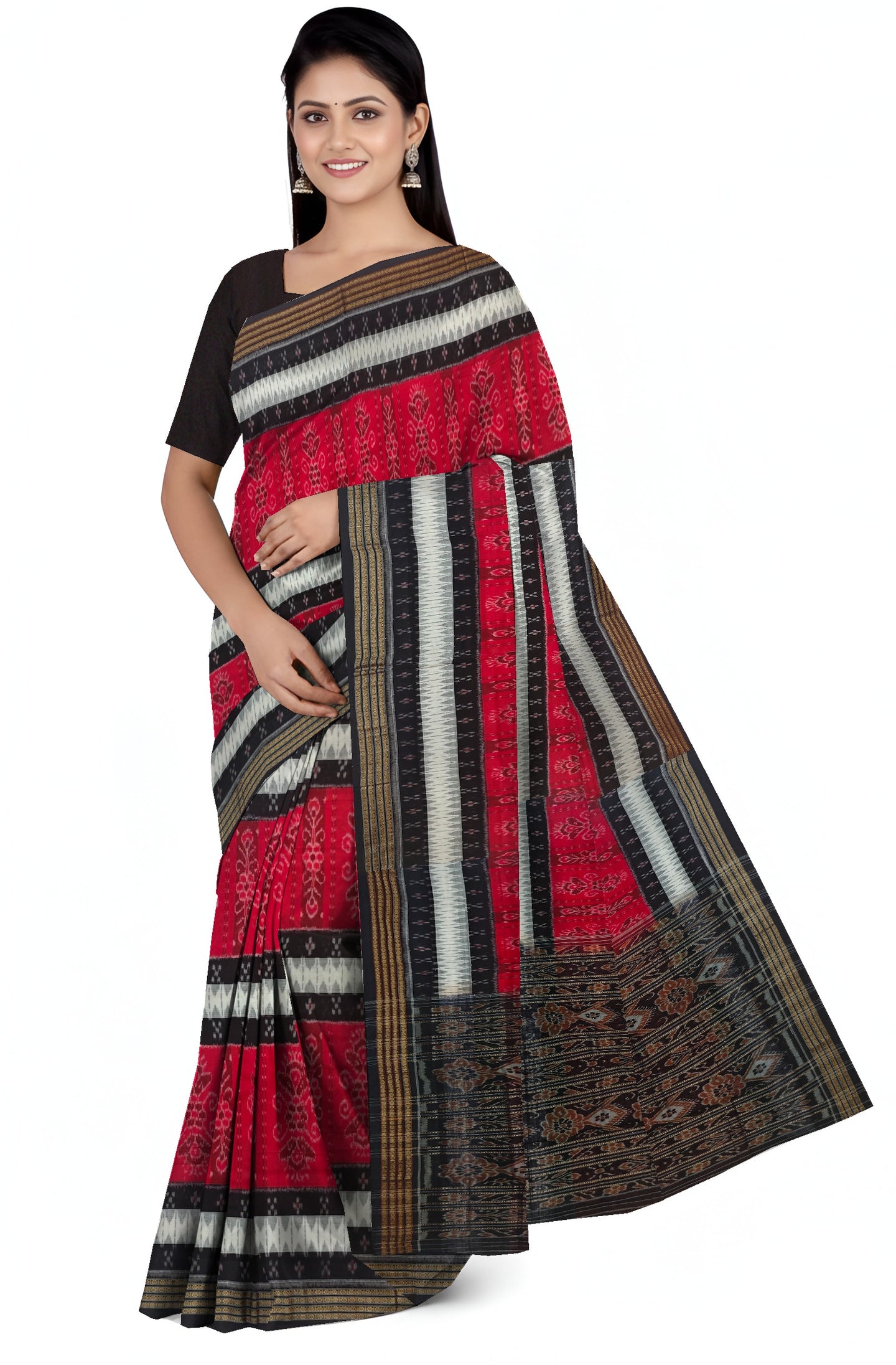 Red And White Mania Bandha Traditional Katiki Saree | Odisha Handloom GI Tagged | Devnika