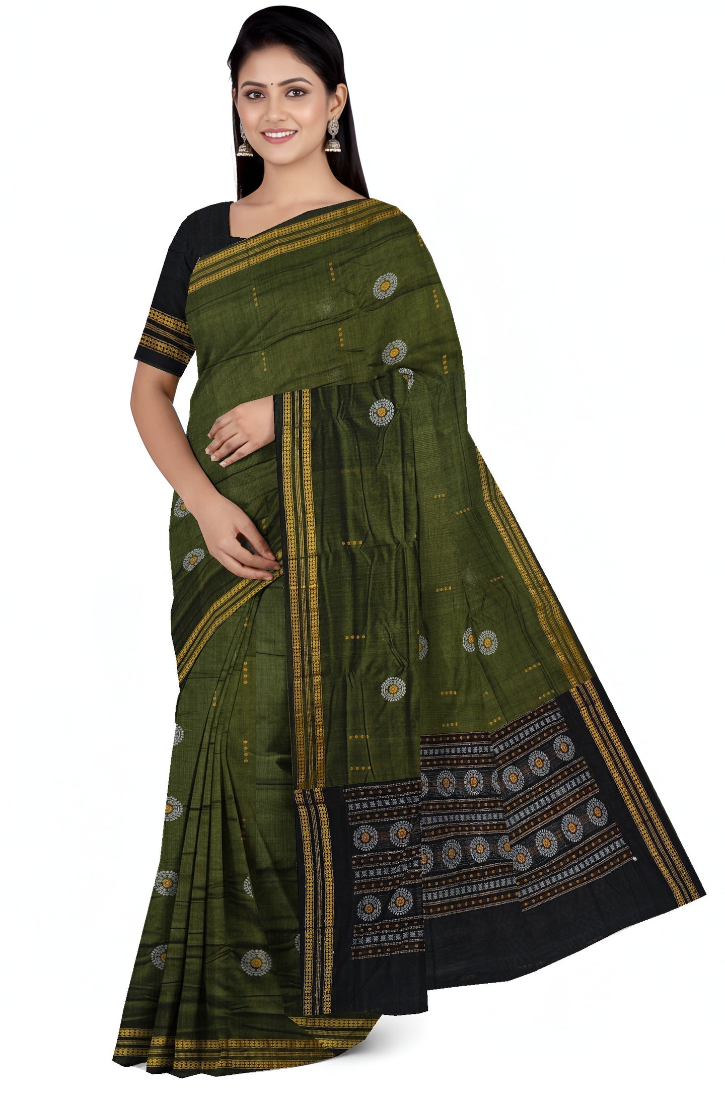 Olive Green Bomkai Butti Sambalapuri Saree | Odisha Handloom GI Tagged | Devnika