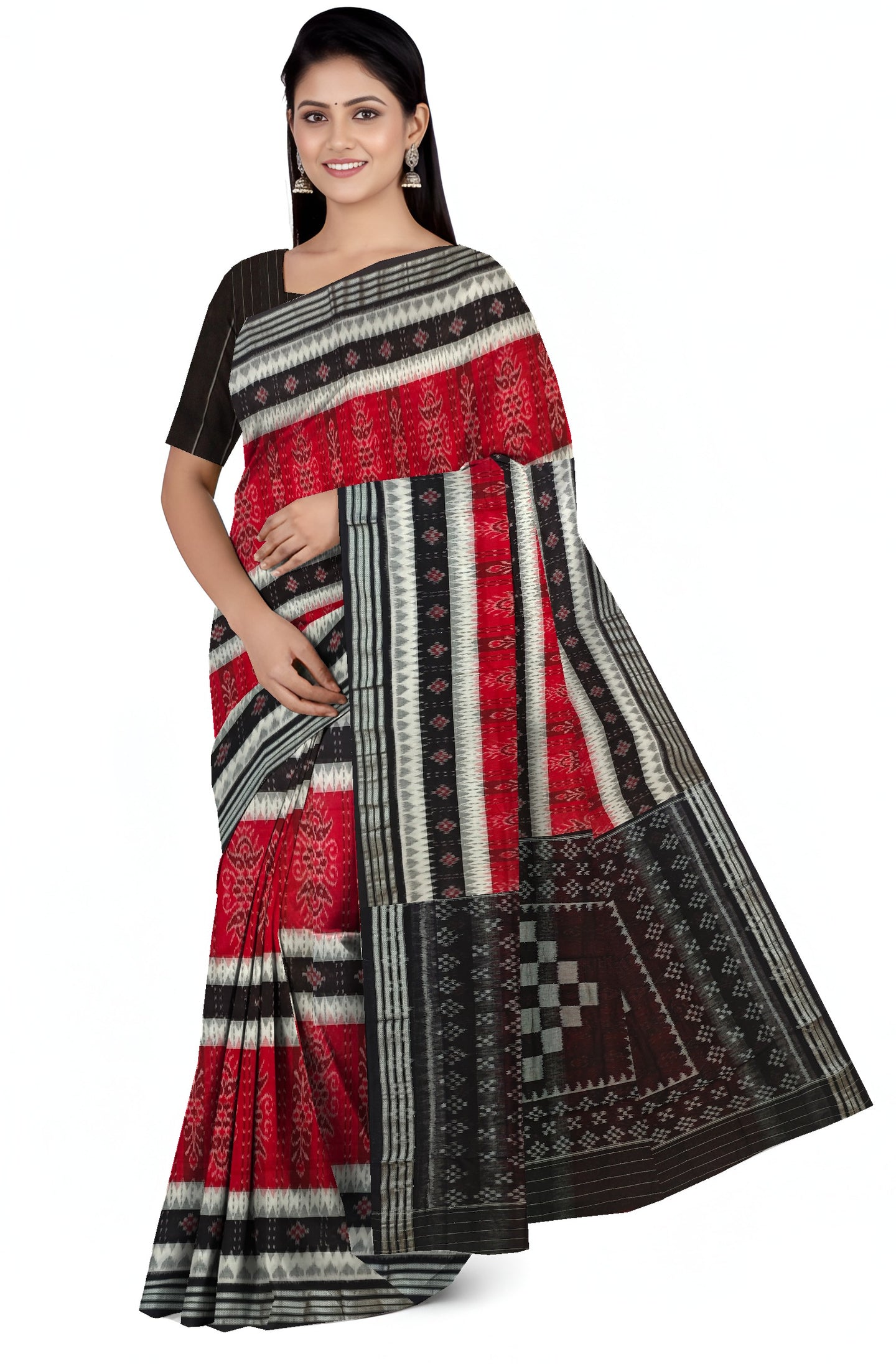 Red And White Mania Bandha Traditional Katiki Saree | Odisha Handloom GI Tagged | Devnika
