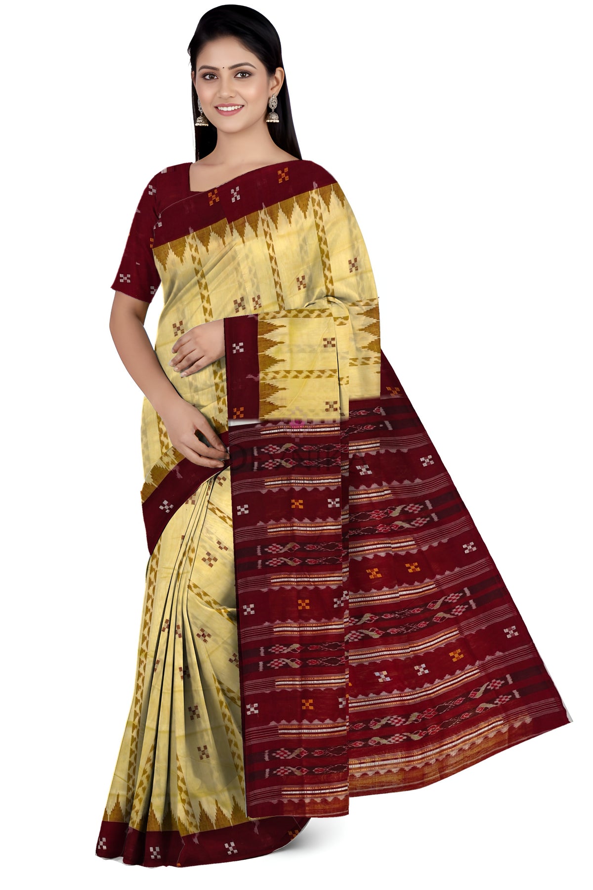 Cream Yellow Boarder Pasapalli Cotton Bapta Saree | Odisha Handloom GI Tagged | Devnika
