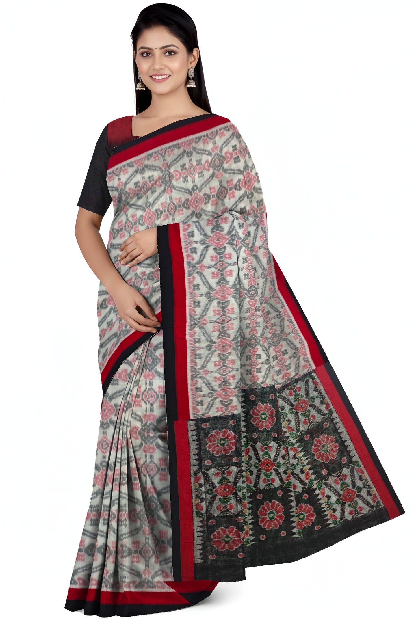 White And Red Mania Bandha Traditional Katiki Saree | Odisha Handloom GI Tagged | Devnika