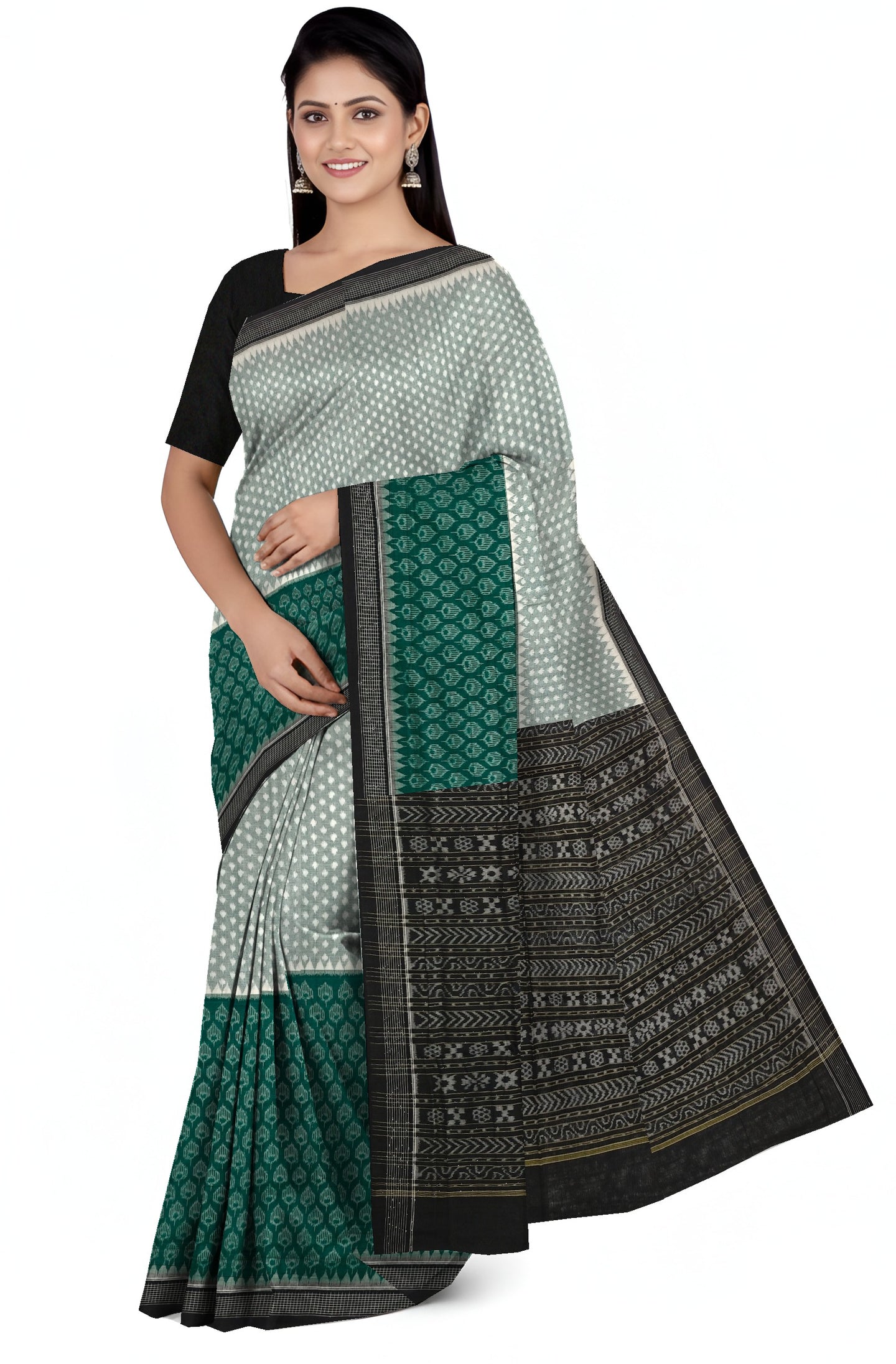 Green White Half Half Body Bandha Saree