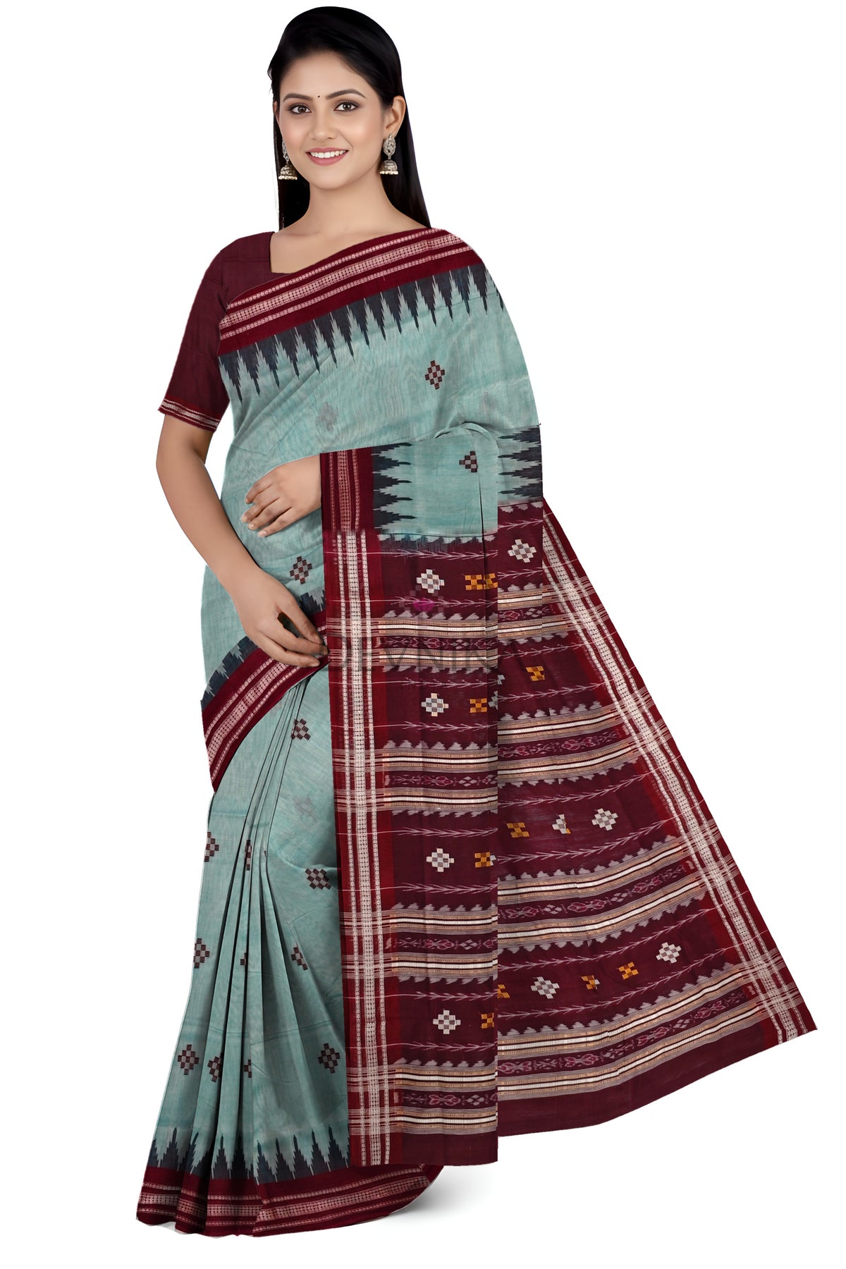 Light Green Temple Boarder Cotton Bapta Saree | Odisha Handloom GI Tagged | Devnika