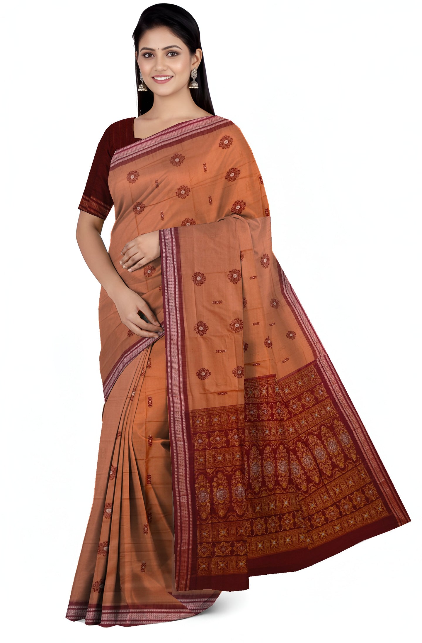 Deep Coral Bomkai Sambalapuri Saree