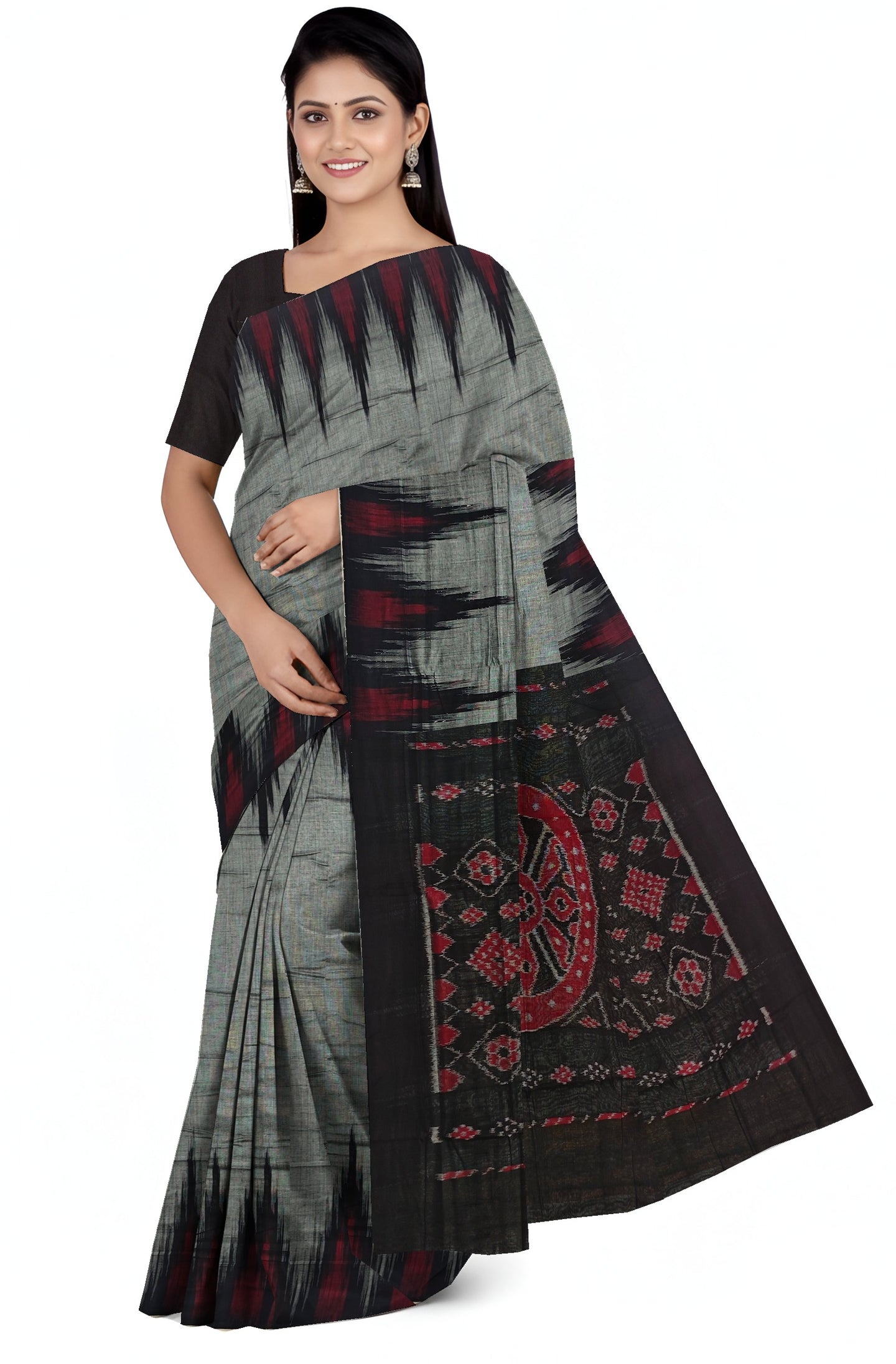 Grey Mania Bandha Traditional Temple Border Katiki Saree | Odisha Handloom GI Tagged | Devnika