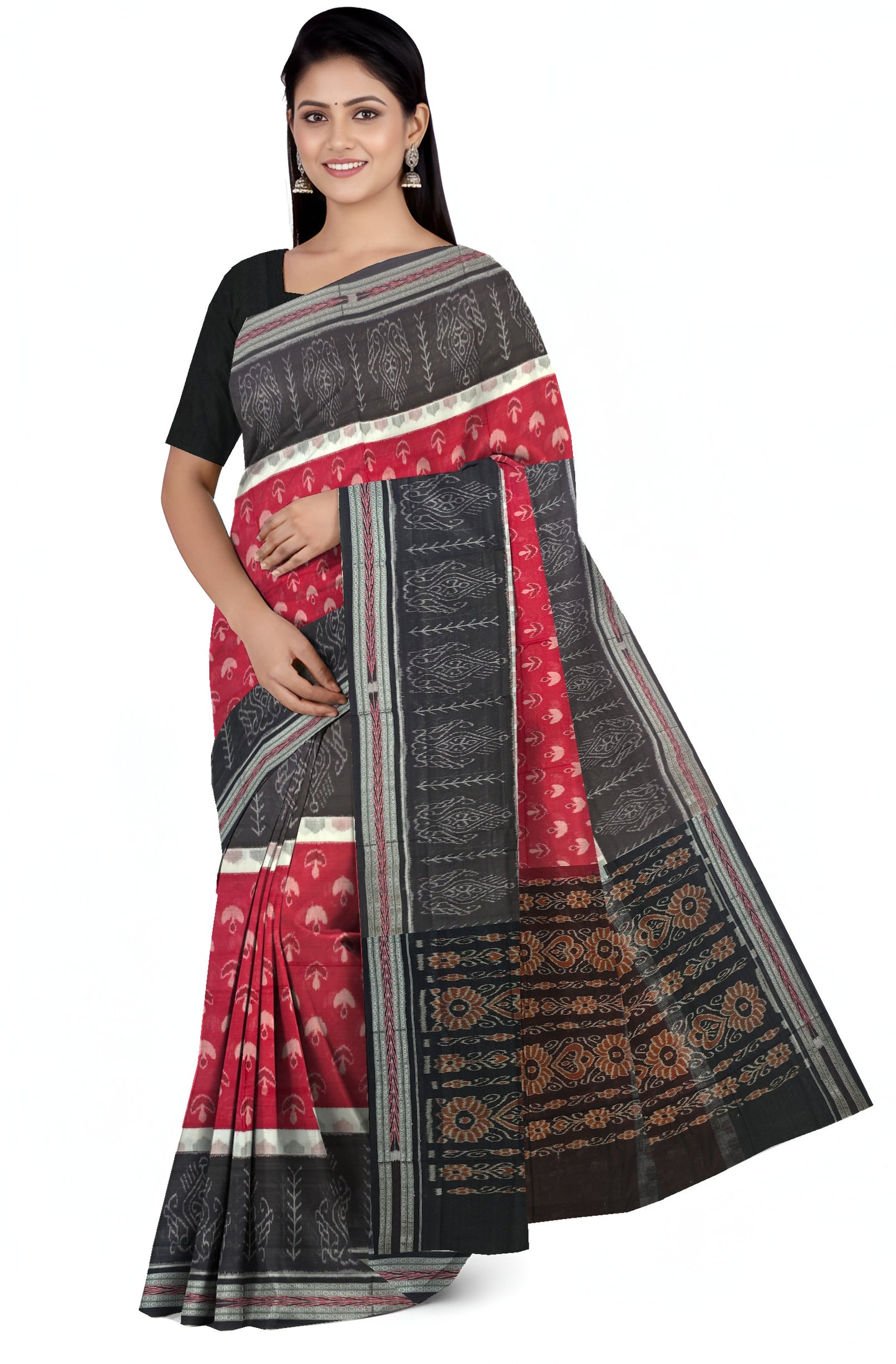 Maroon And White Mania Bandha Traditional Katiki Saree | Odisha Handloom GI Tagged | Devnika