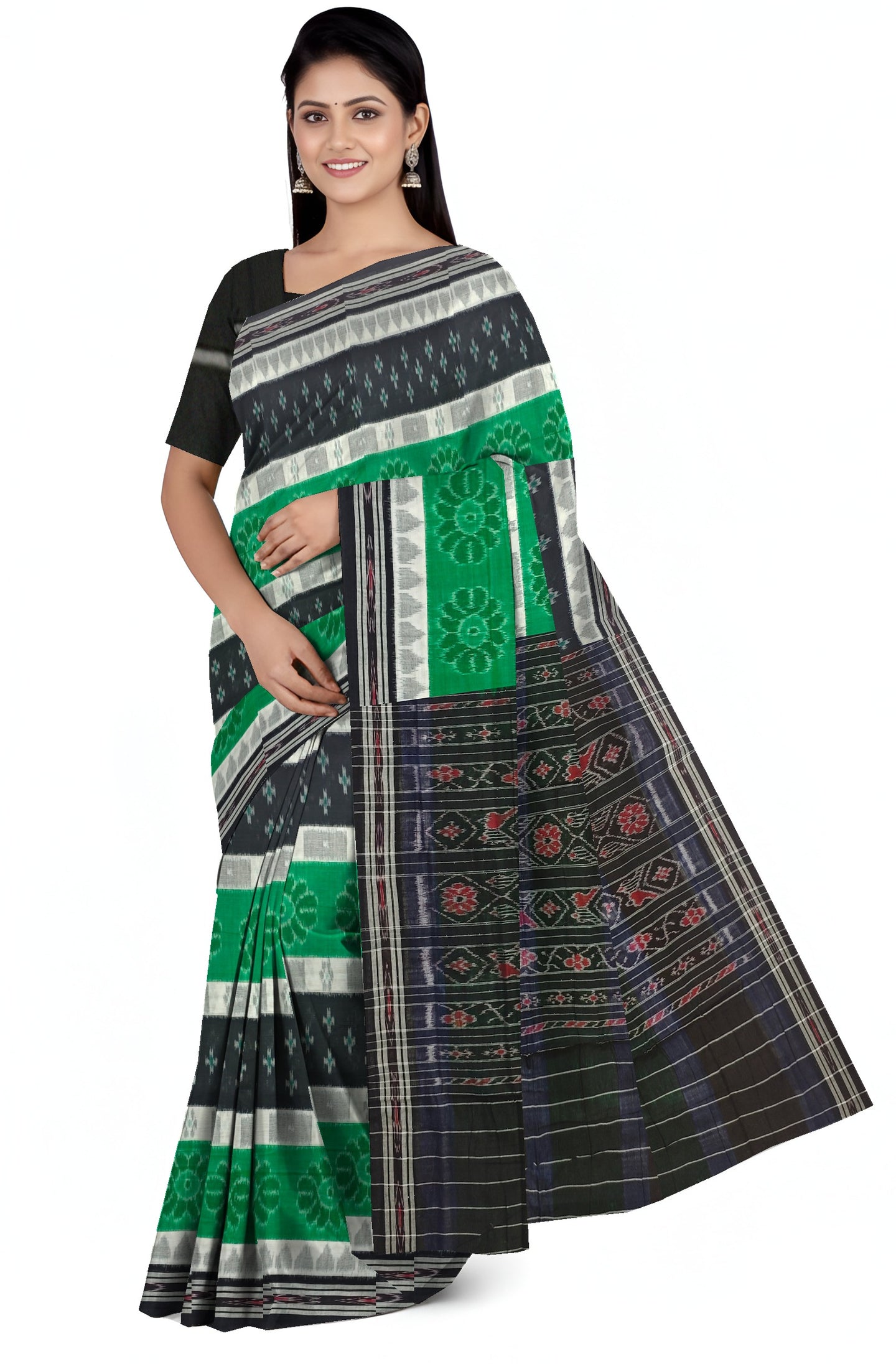 Black Green And White Mania Bandha Traditional Katiki Saree | Odisha Handloom GI Tagged | Devnika