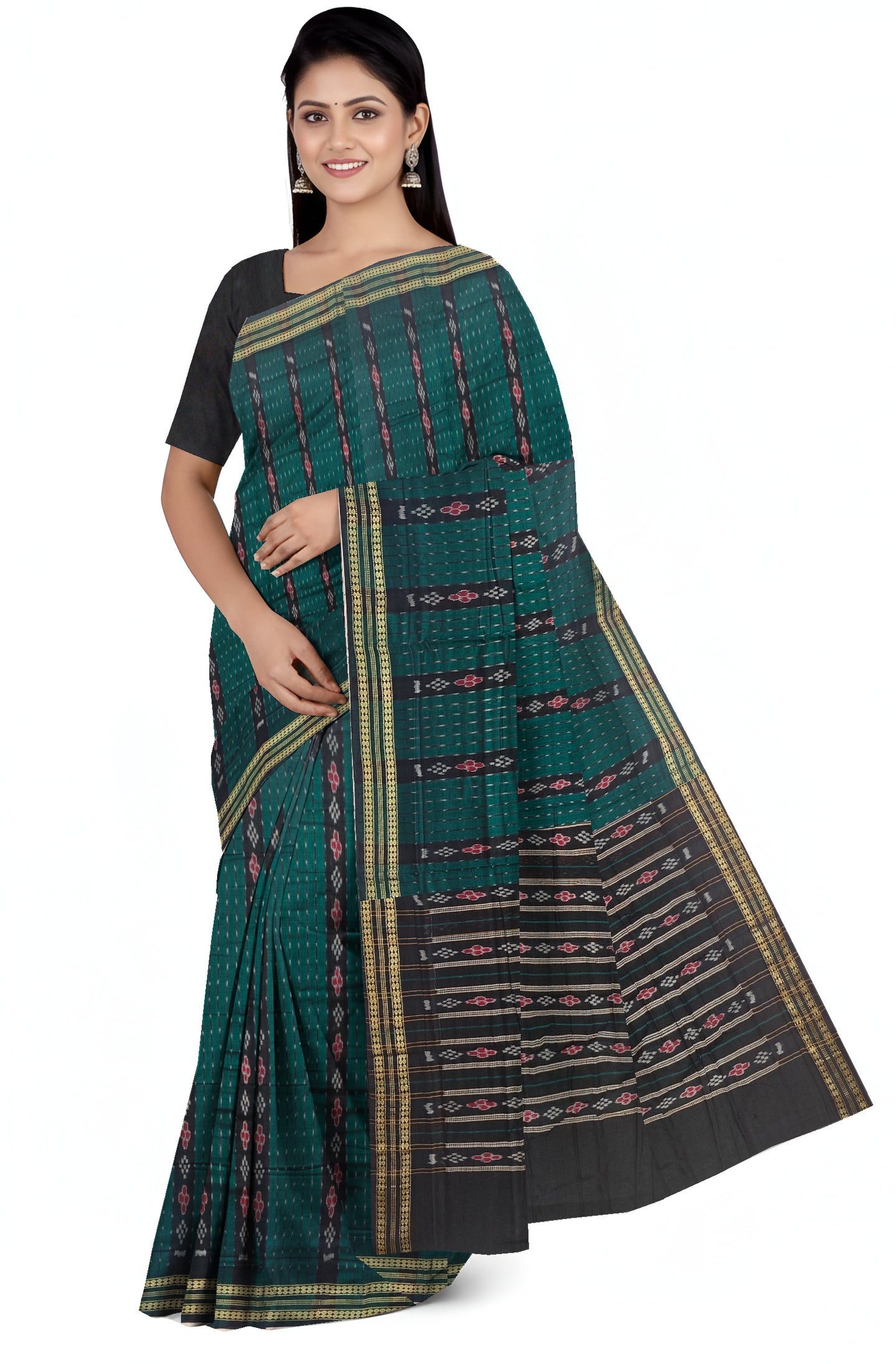 Green And Black Line Bandha Saree | Odisha Handloom GI Tagged | Devnika
