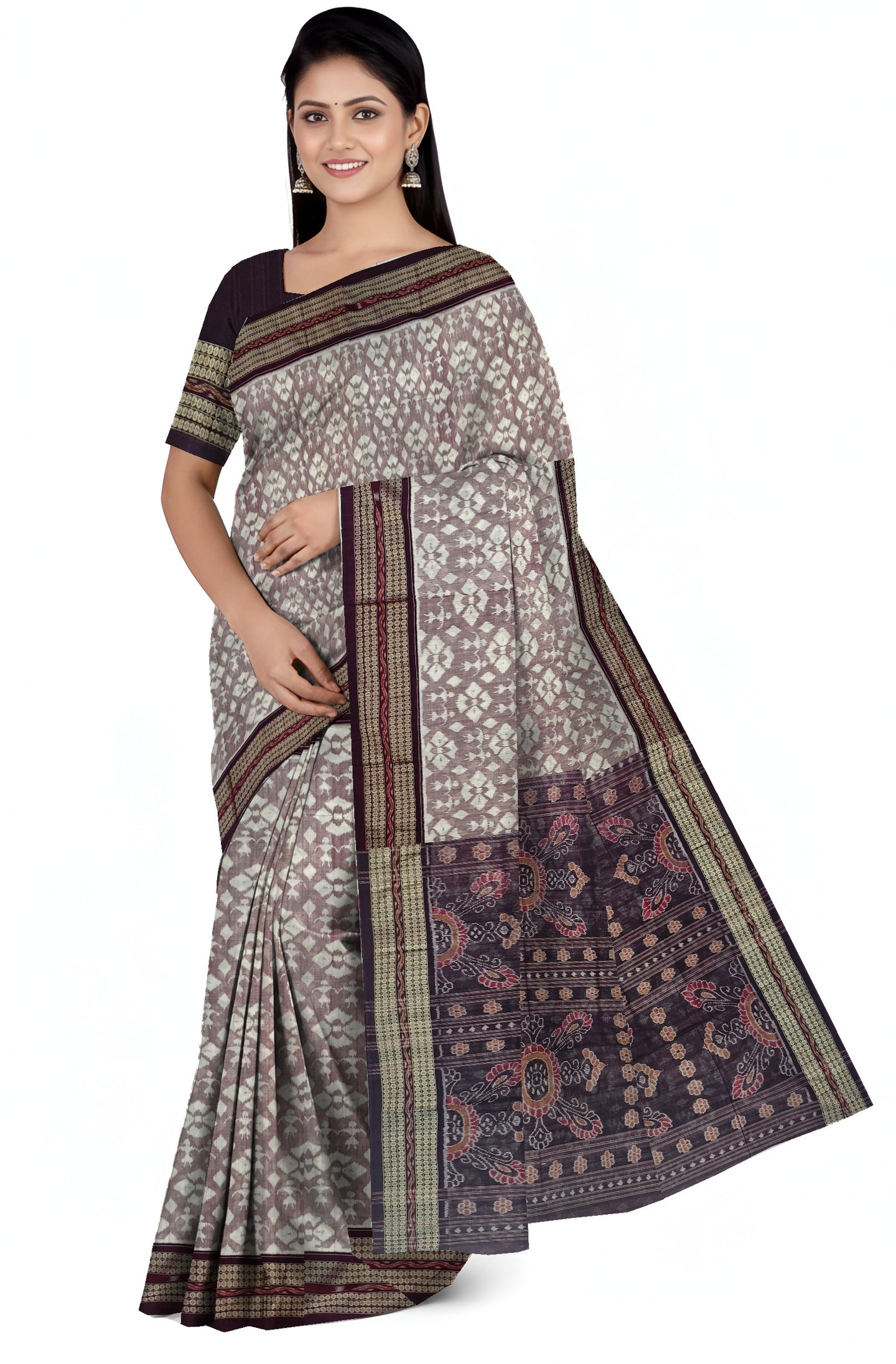 White & Coffee Traditional Body Bandha Saree | Odisha Handloom GI Tagged | Devnika