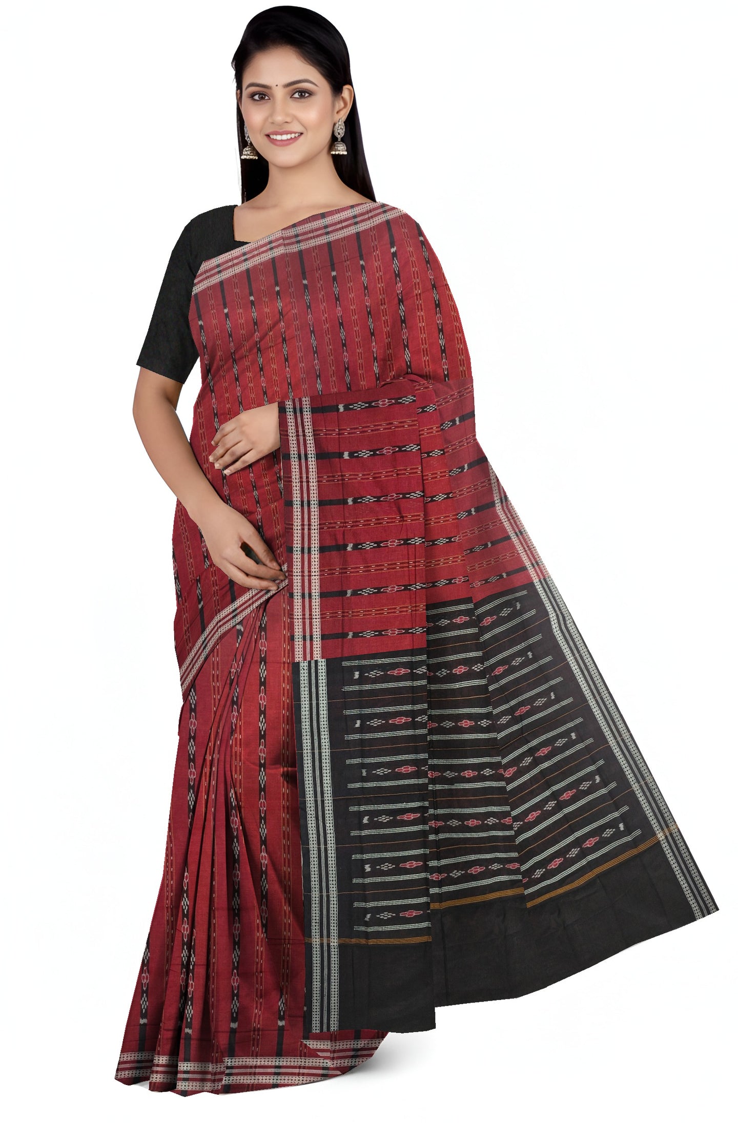 Deep Maroon Line Bandha Saree | Odisha Handloom GI Tagged | Devnika