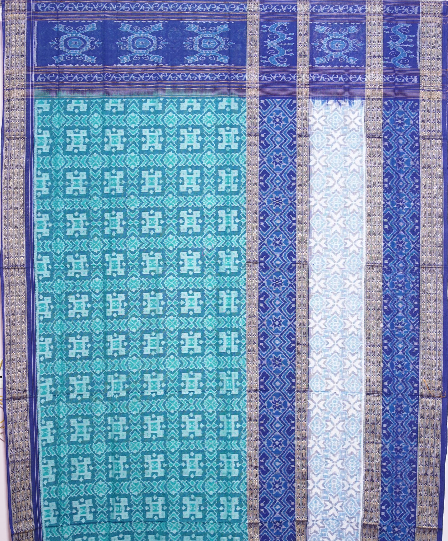 Cyan Double Border Bandha Saree
