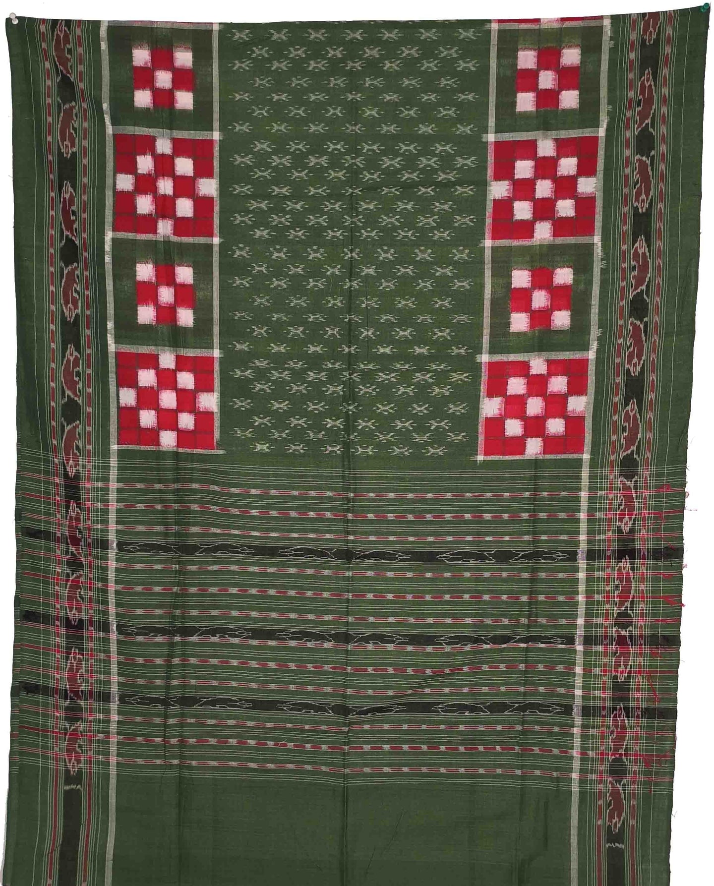 Olive Green & Red Sambalpuri Pasapalli Chunri