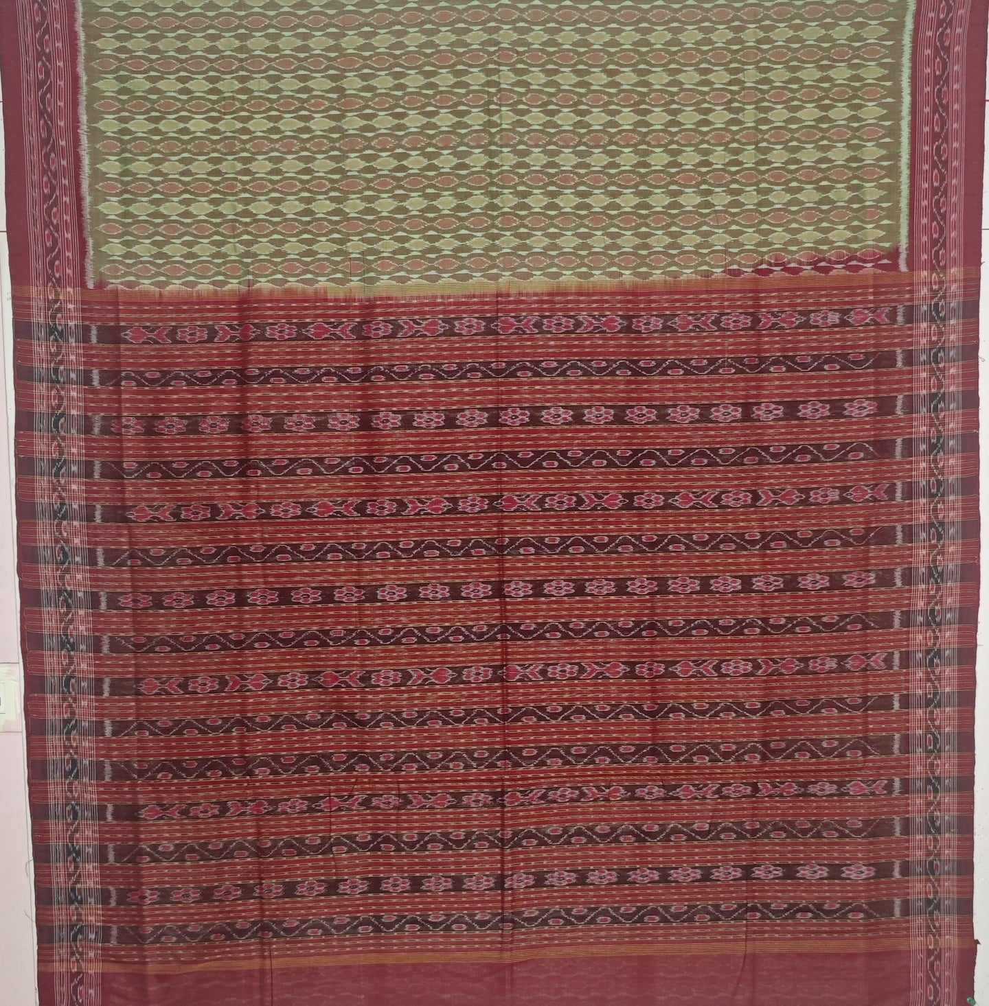 Reddish Green Traditional Body Bandha Saree | Odisha Handloom GI Tagged | Devnika