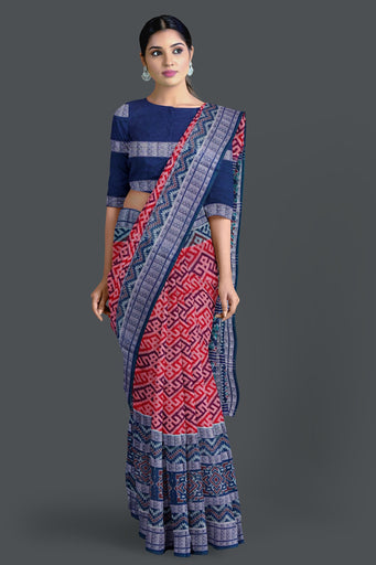 White Blue Fish Border Bandha Saree