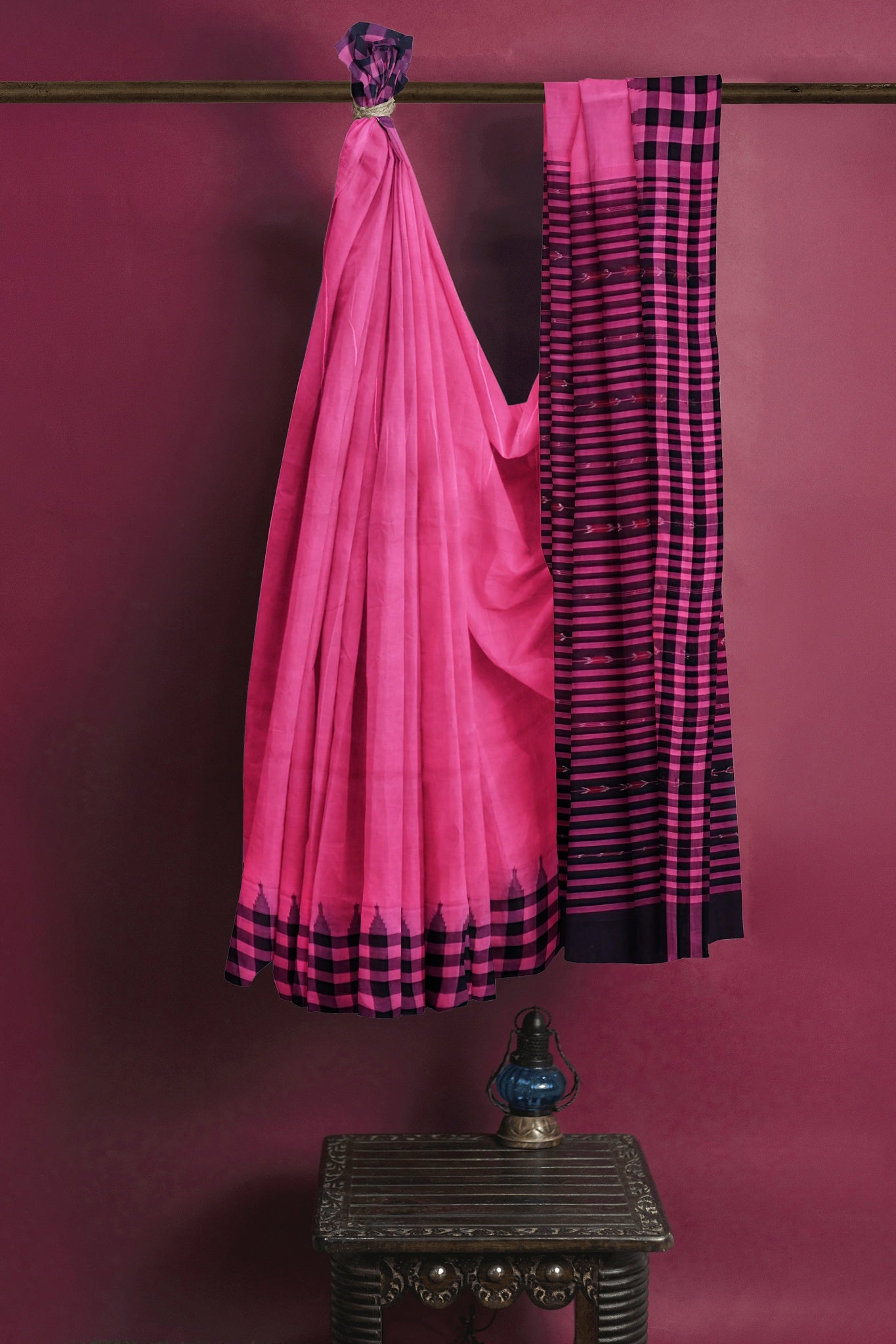 Pink  Up School Saree(Temple Border)
