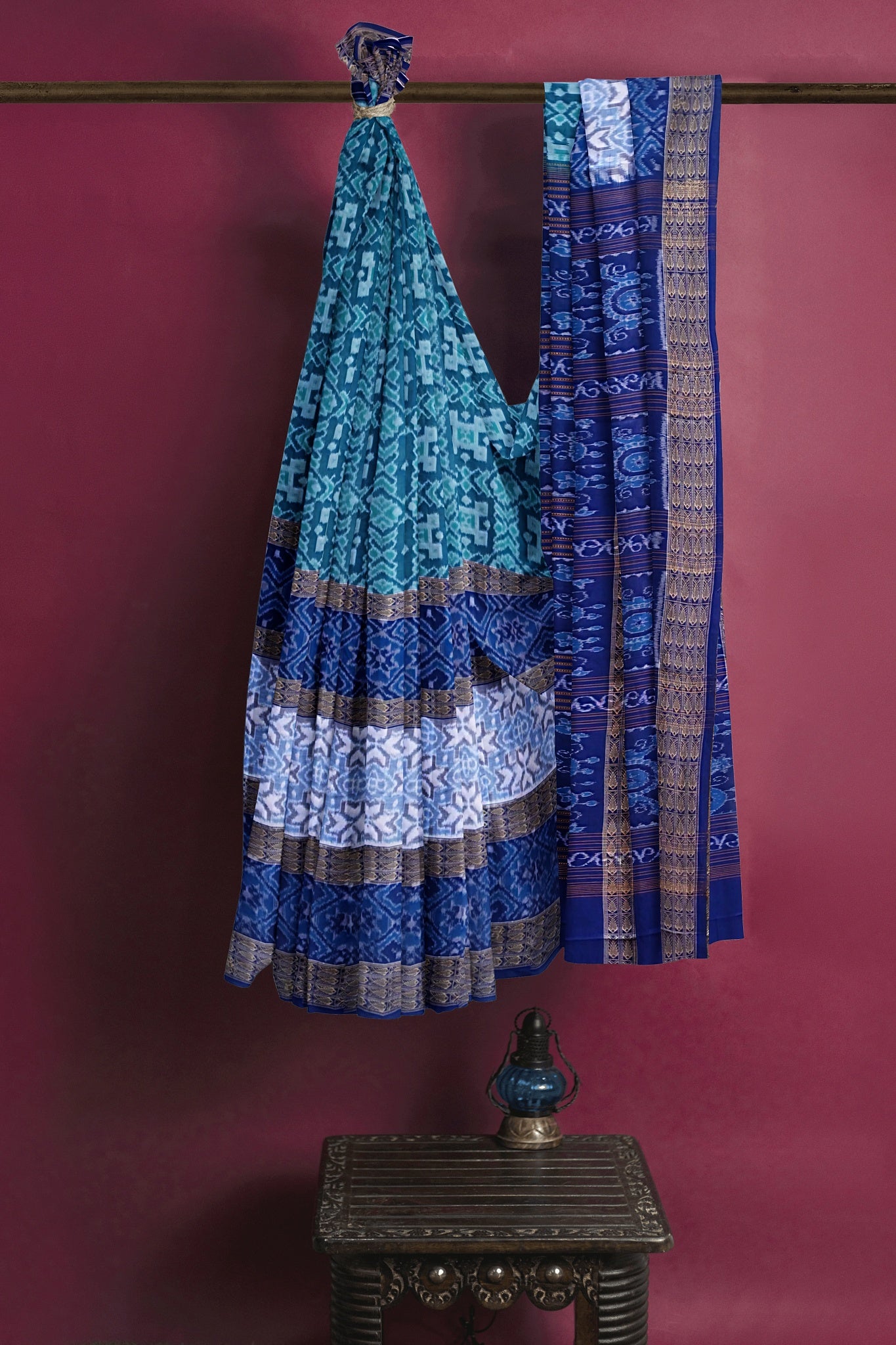 Cyan Double Border Bandha Saree
