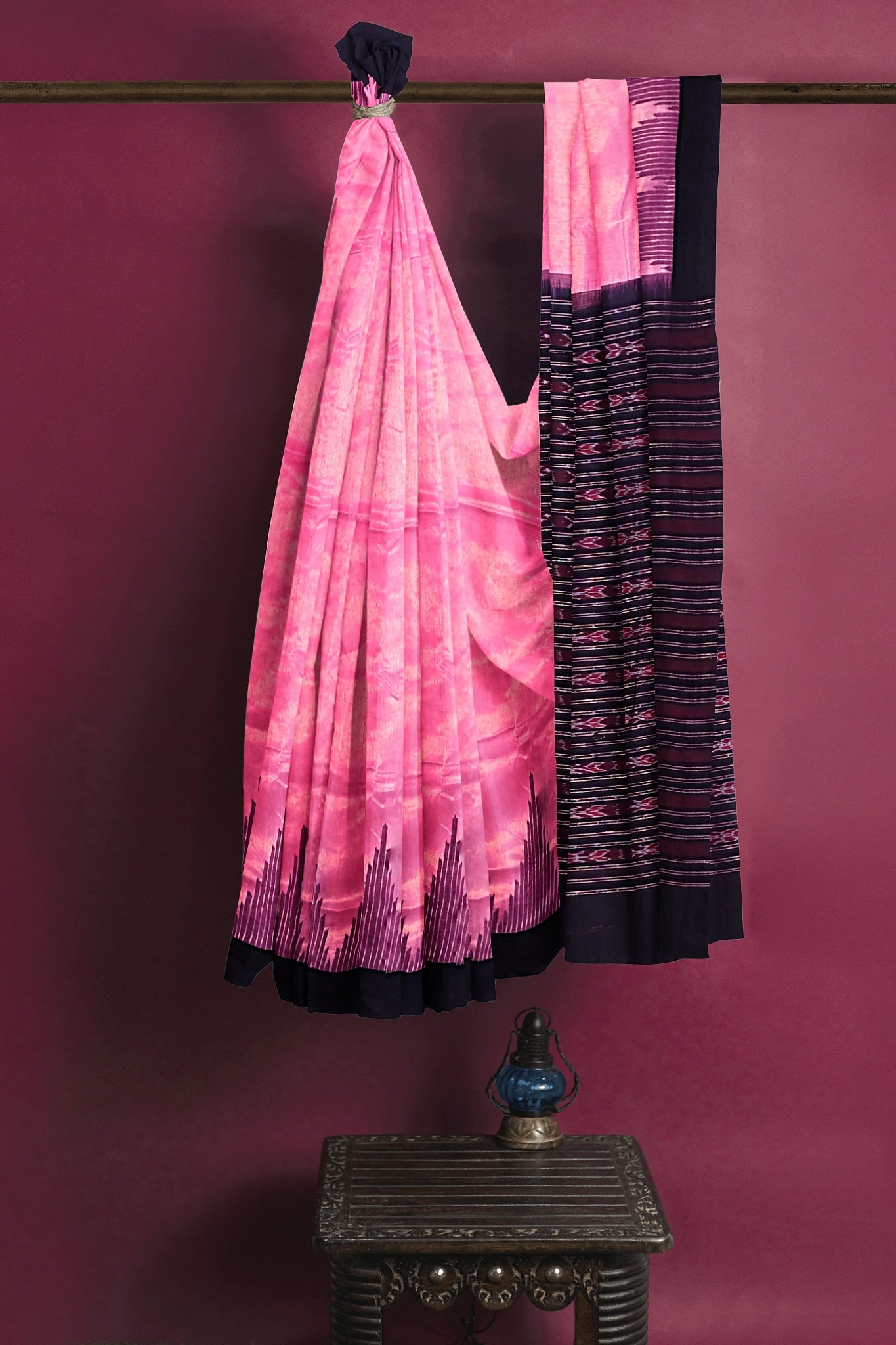 Pink Black Up School Saree(Temple Border)