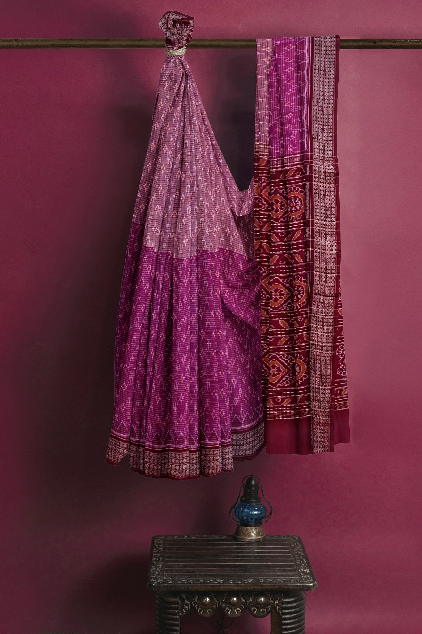 Magenta Half Half Bandha Saree(With Blouse)