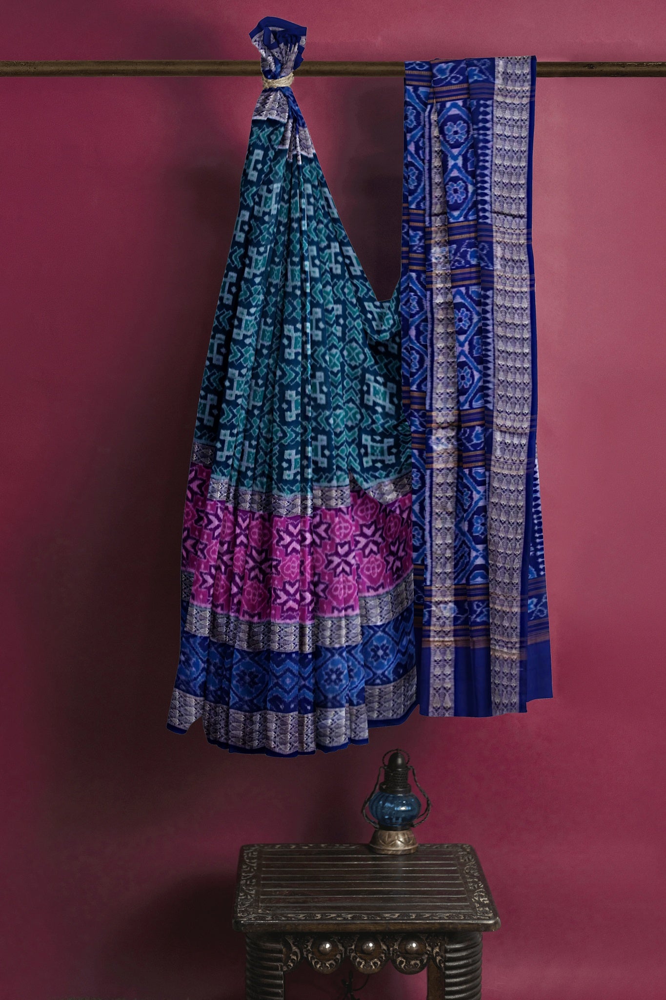 Green Blue Double Border Bandha Saree
