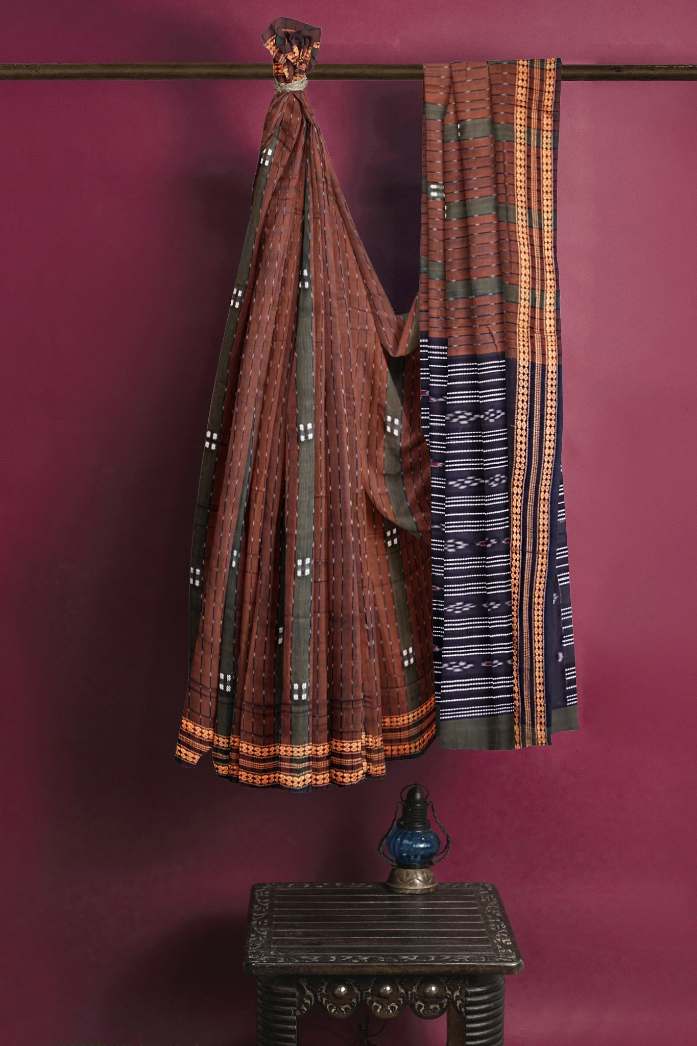 Olive Green And Brown Bomkai Line Butti Saree