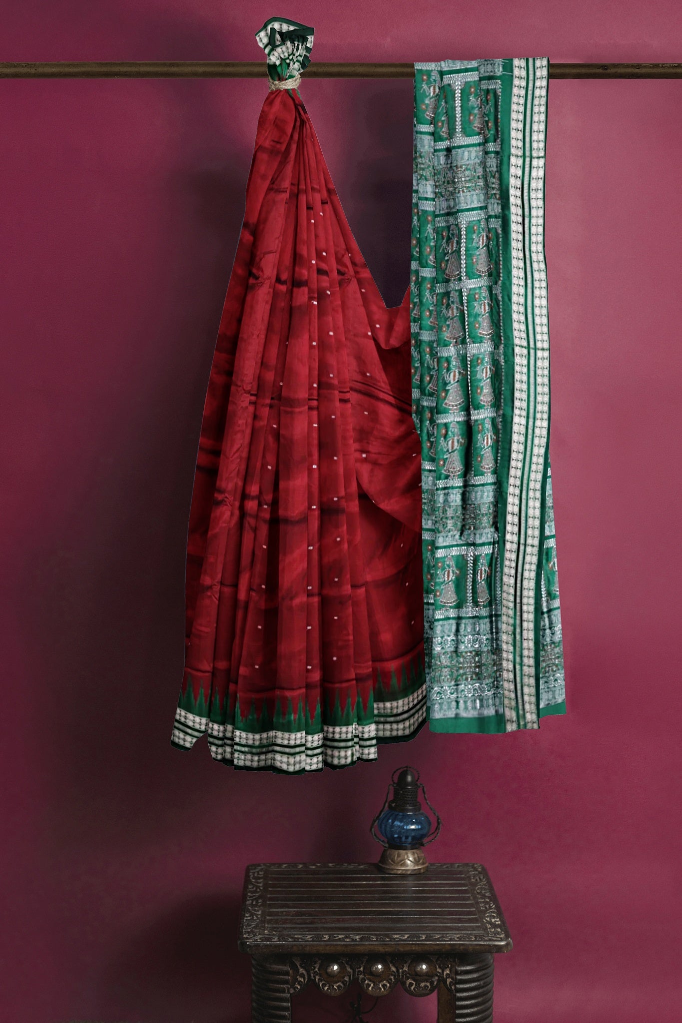 Dark Maroon With Forest Green Bomkai Butti Saree