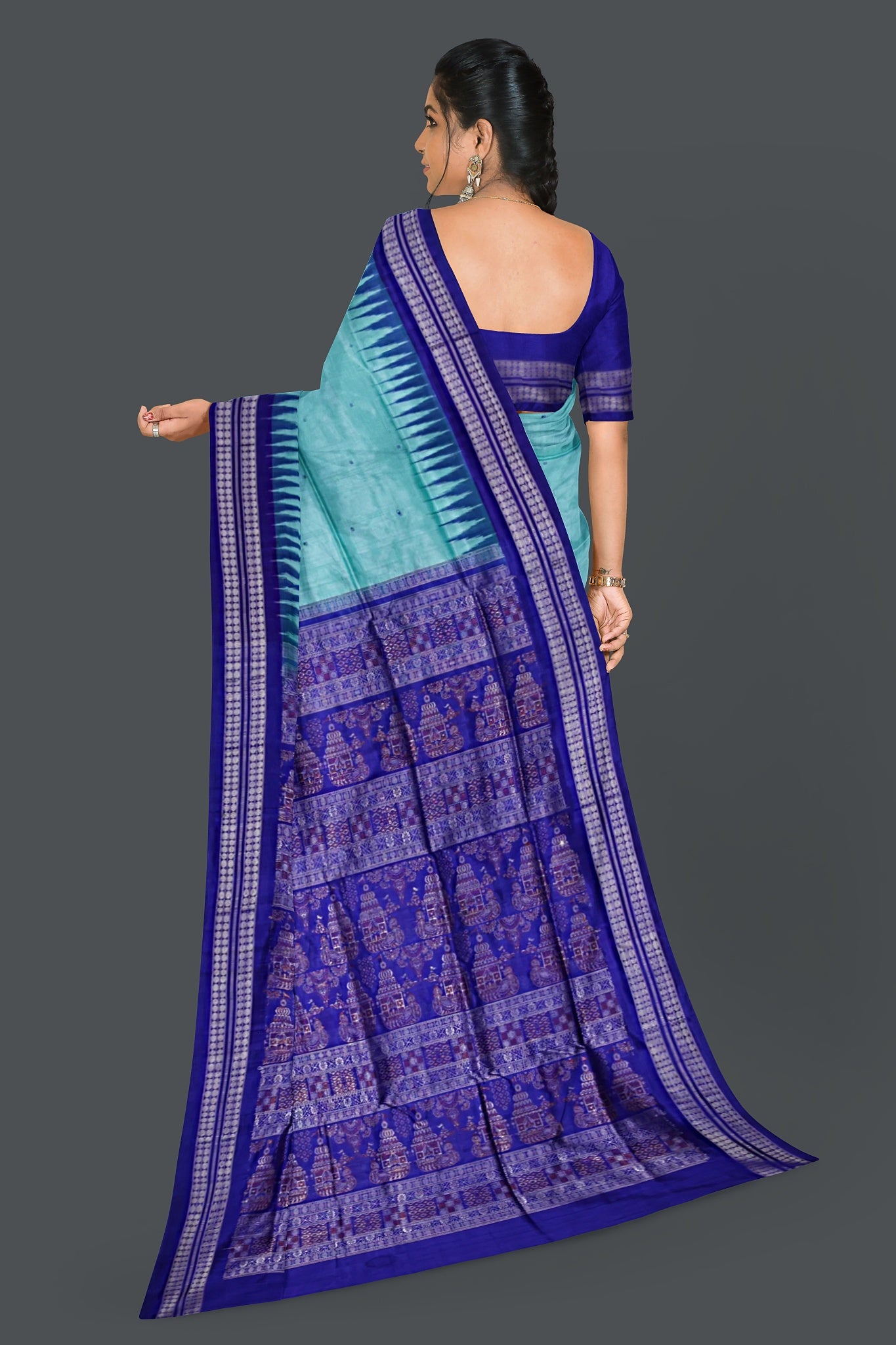 Dark Cyan Bomkai Butti Sambalapuri Saree