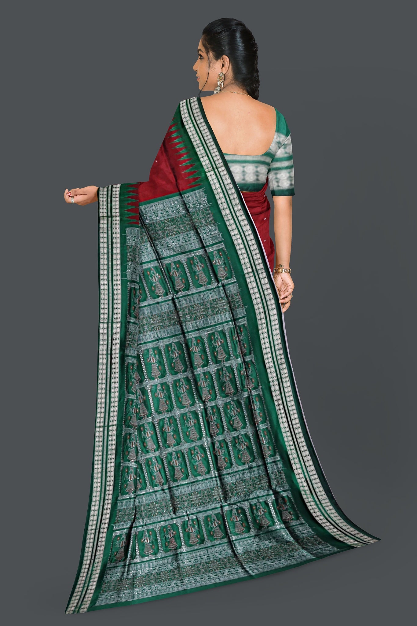 Dark Maroon With Forest Green Bomkai Butti Saree