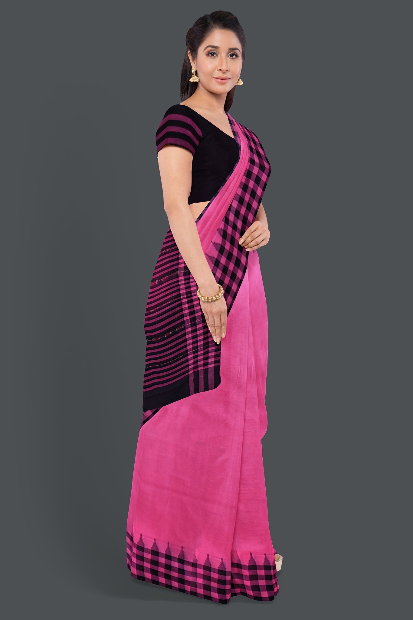 Pink  Up School Saree(Temple Border)