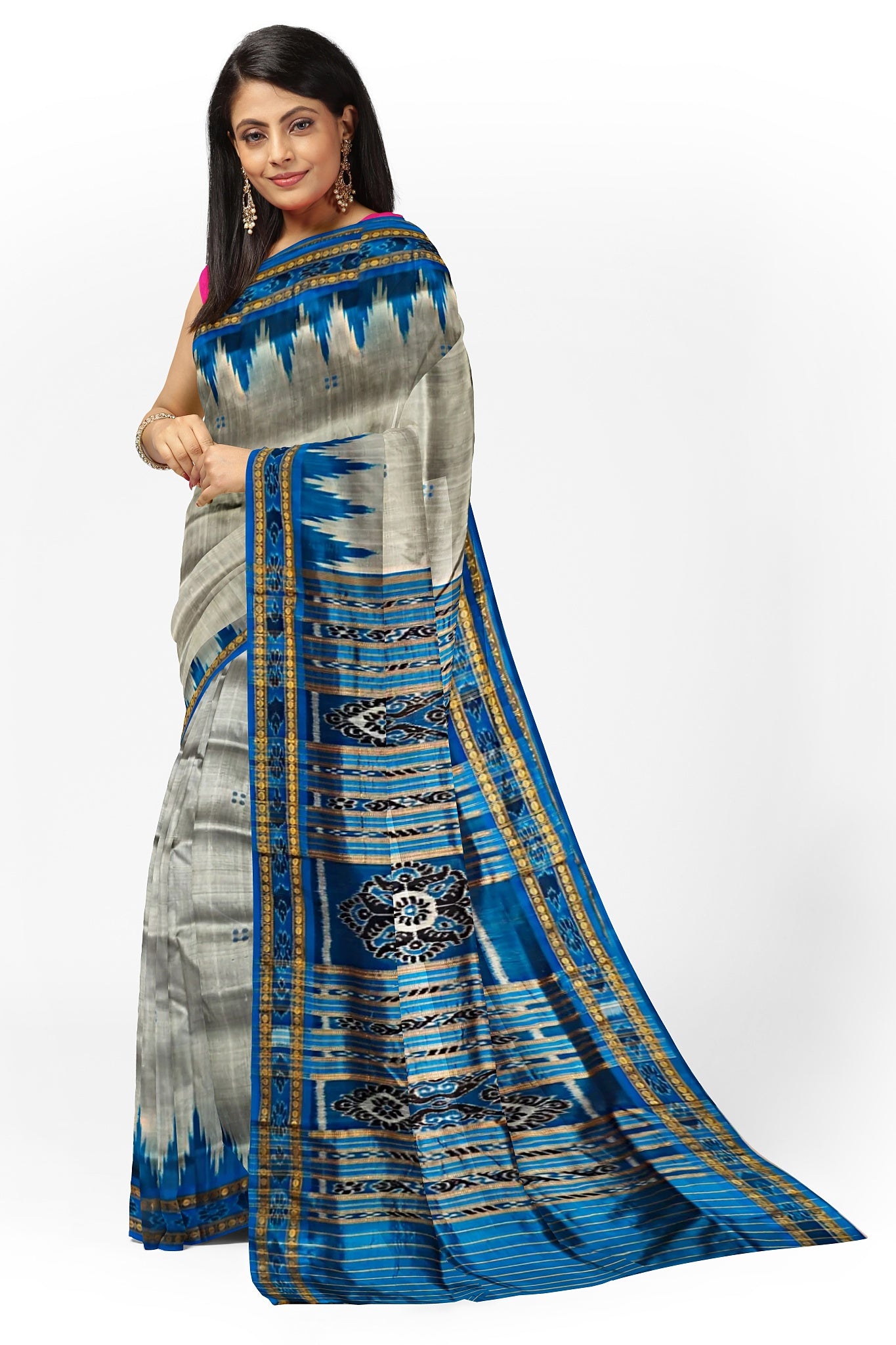Silver Big Temple Border Khandua Pata Saree