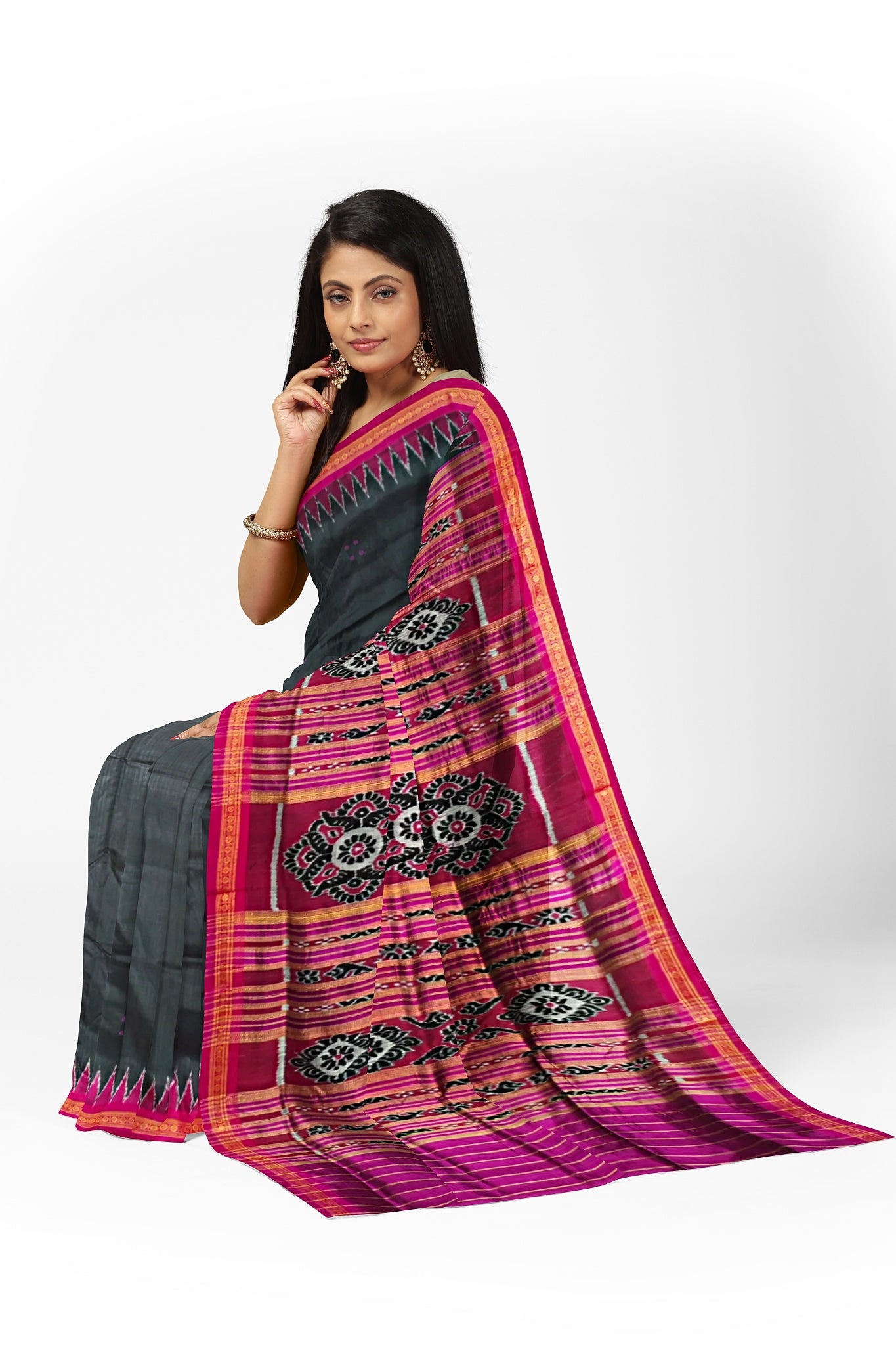Black Single Temple Border Khandua Pata Saree