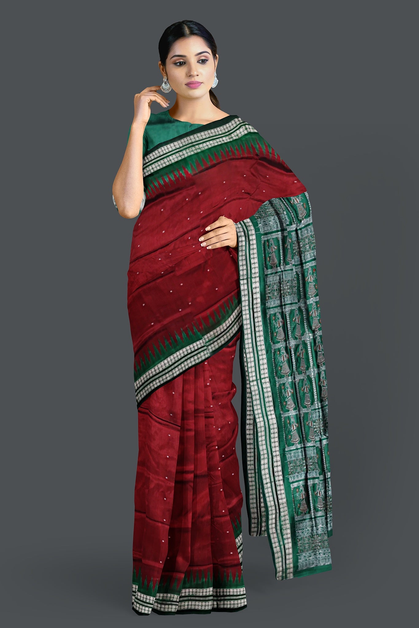 Dark Maroon With Forest Green Bomkai Butti Saree