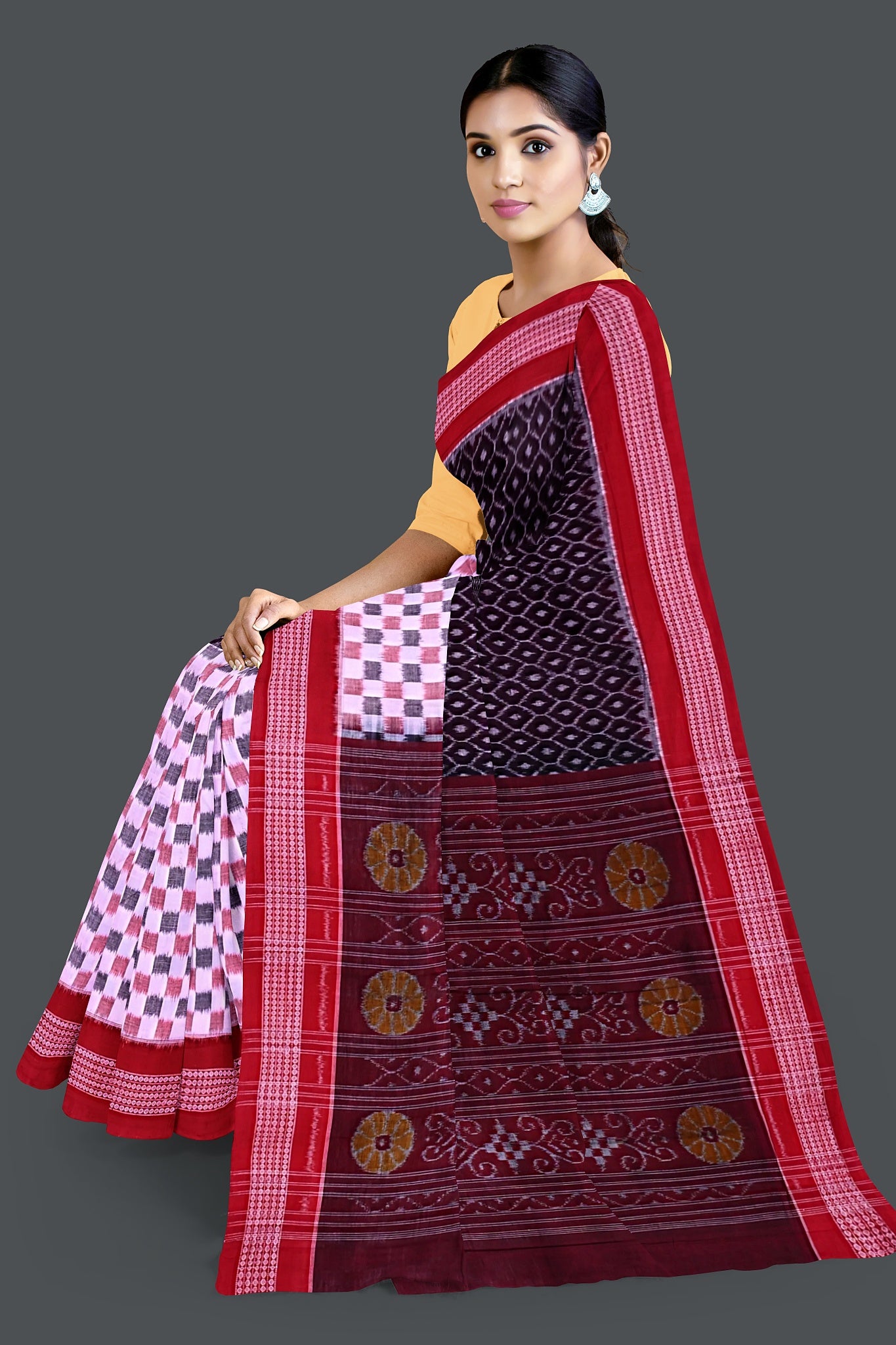 Dark Coffee Half Half Bandha Saree(With Out Blouse)