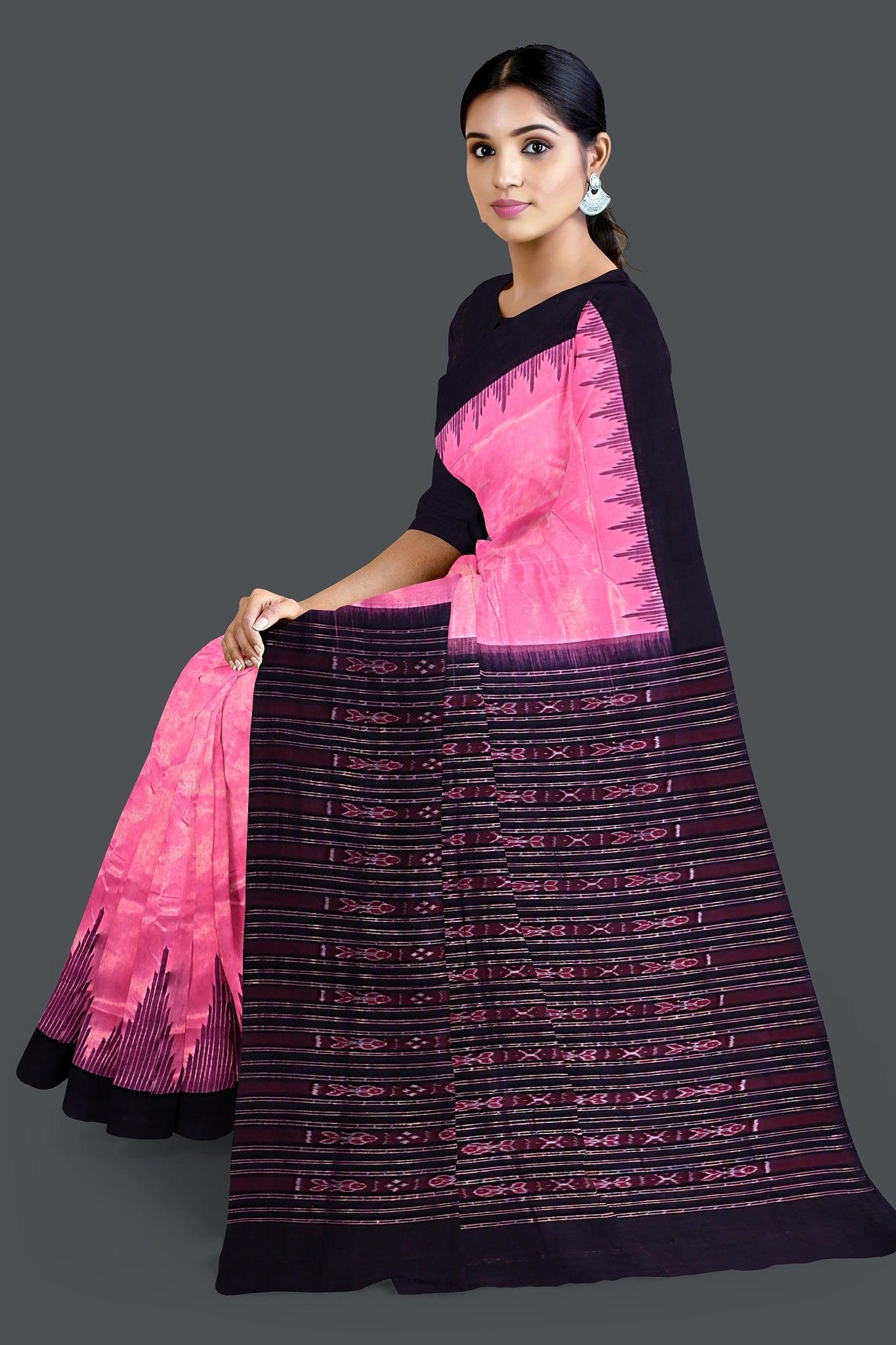 Pink Black Up School Saree(Temple Border)