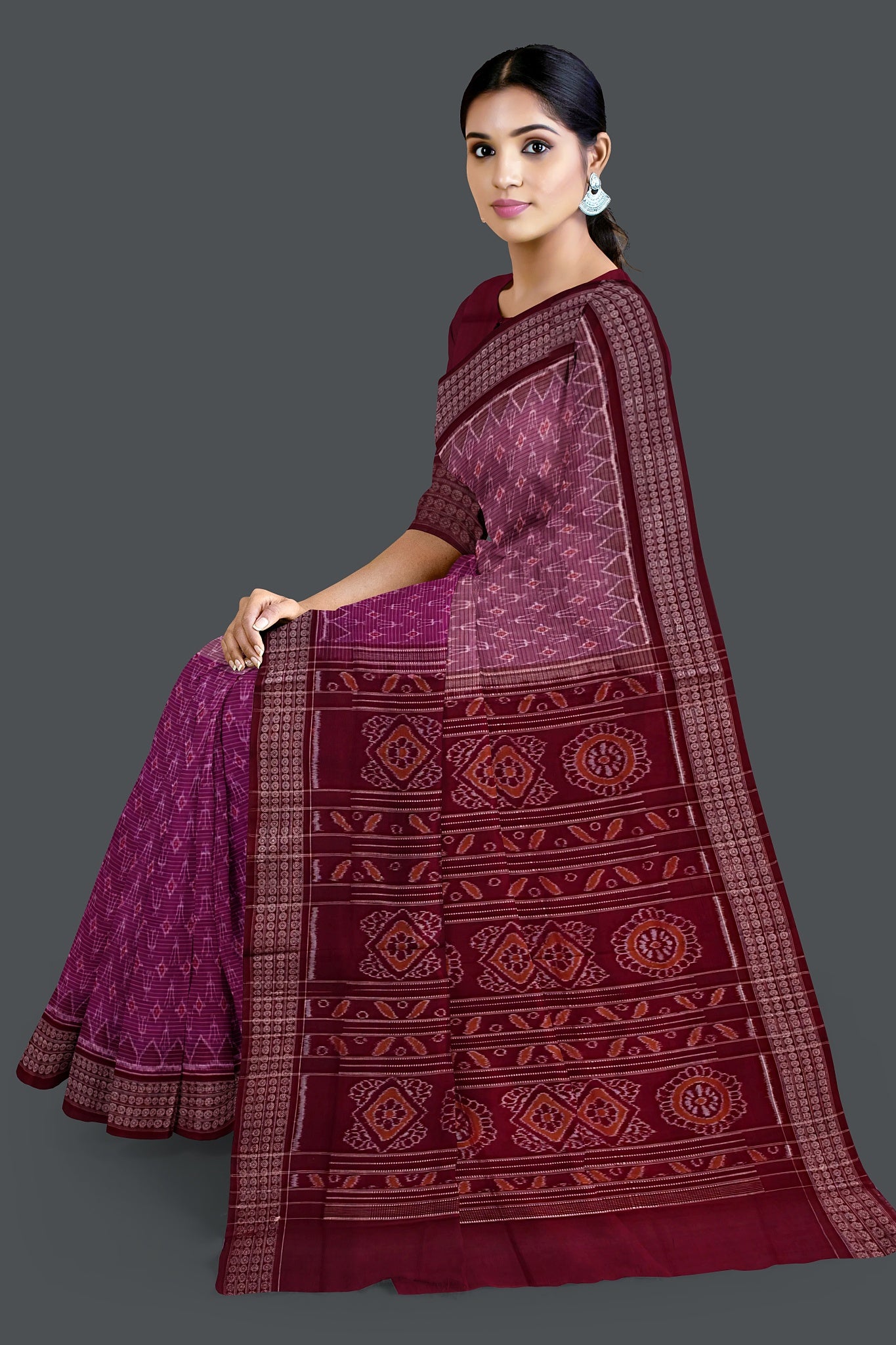 Magenta Half Half Bandha Saree(With Blouse)