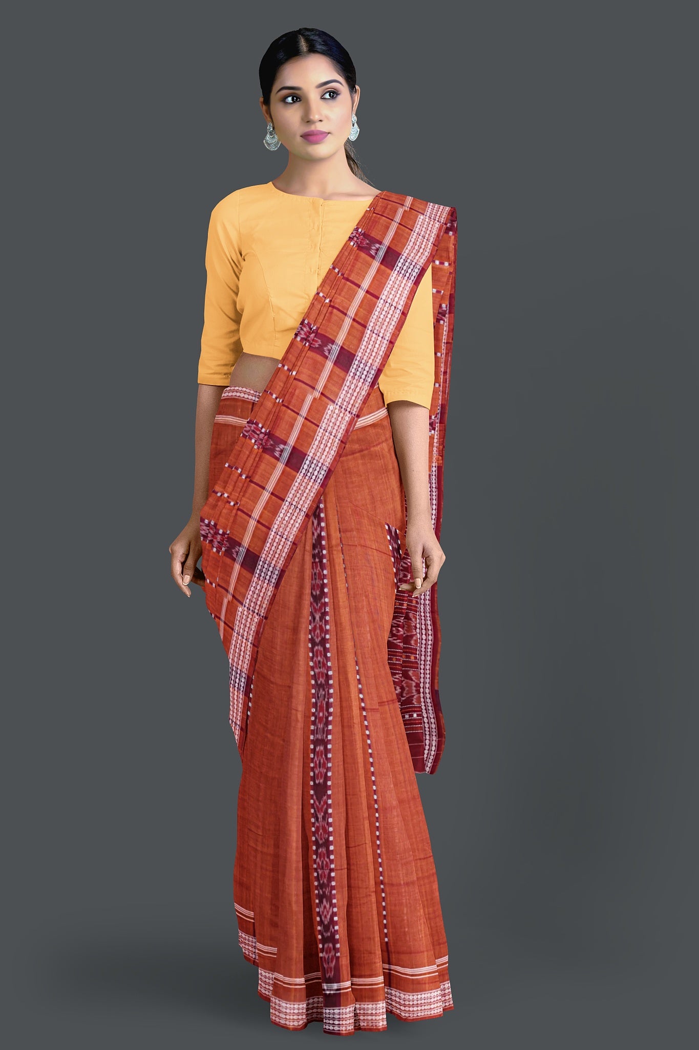 Brown And Maroon Bomkai Line Butti Saree