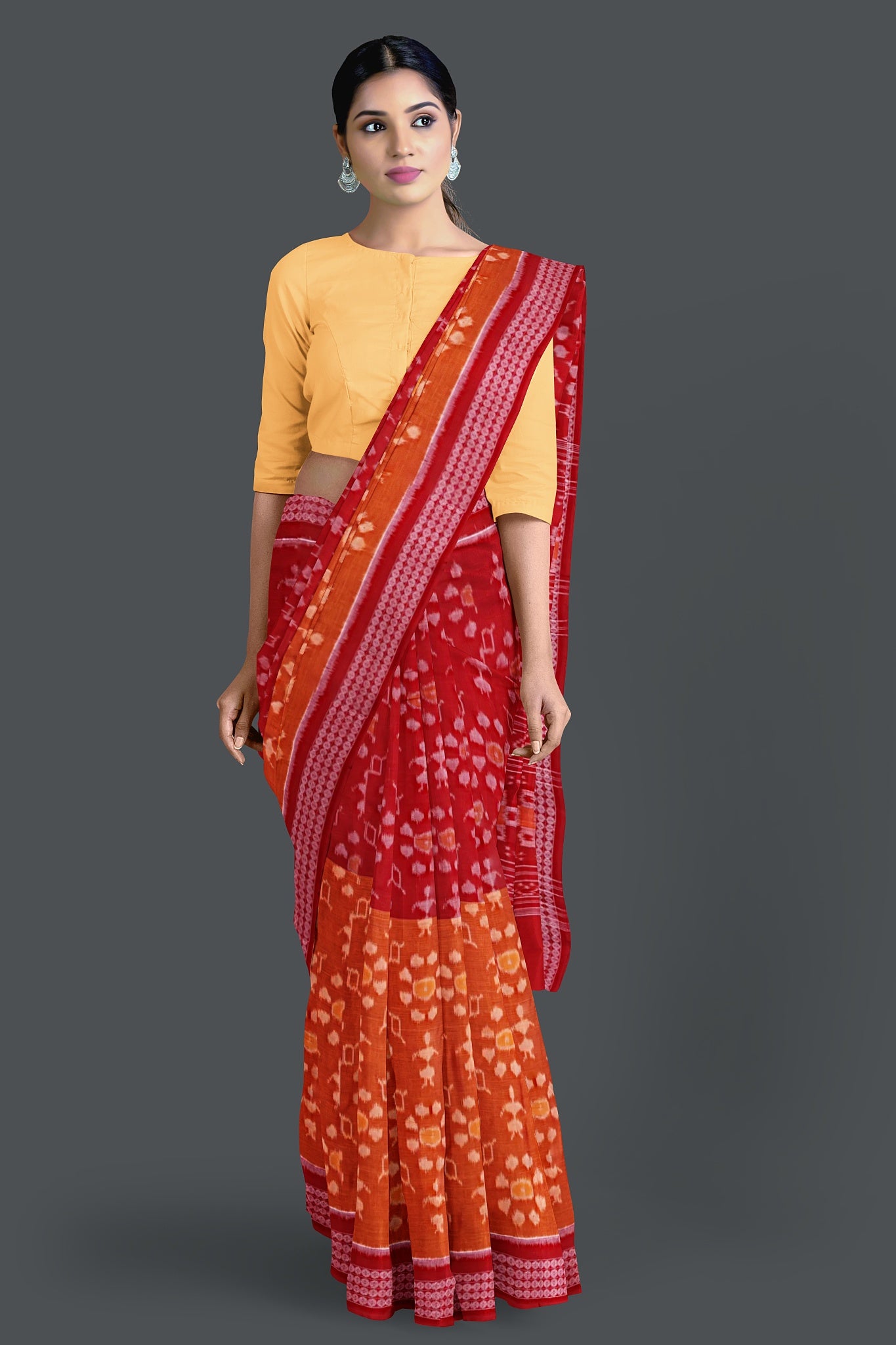 Deep Orange And Red Body Bandha Saree(With Out Blouse)