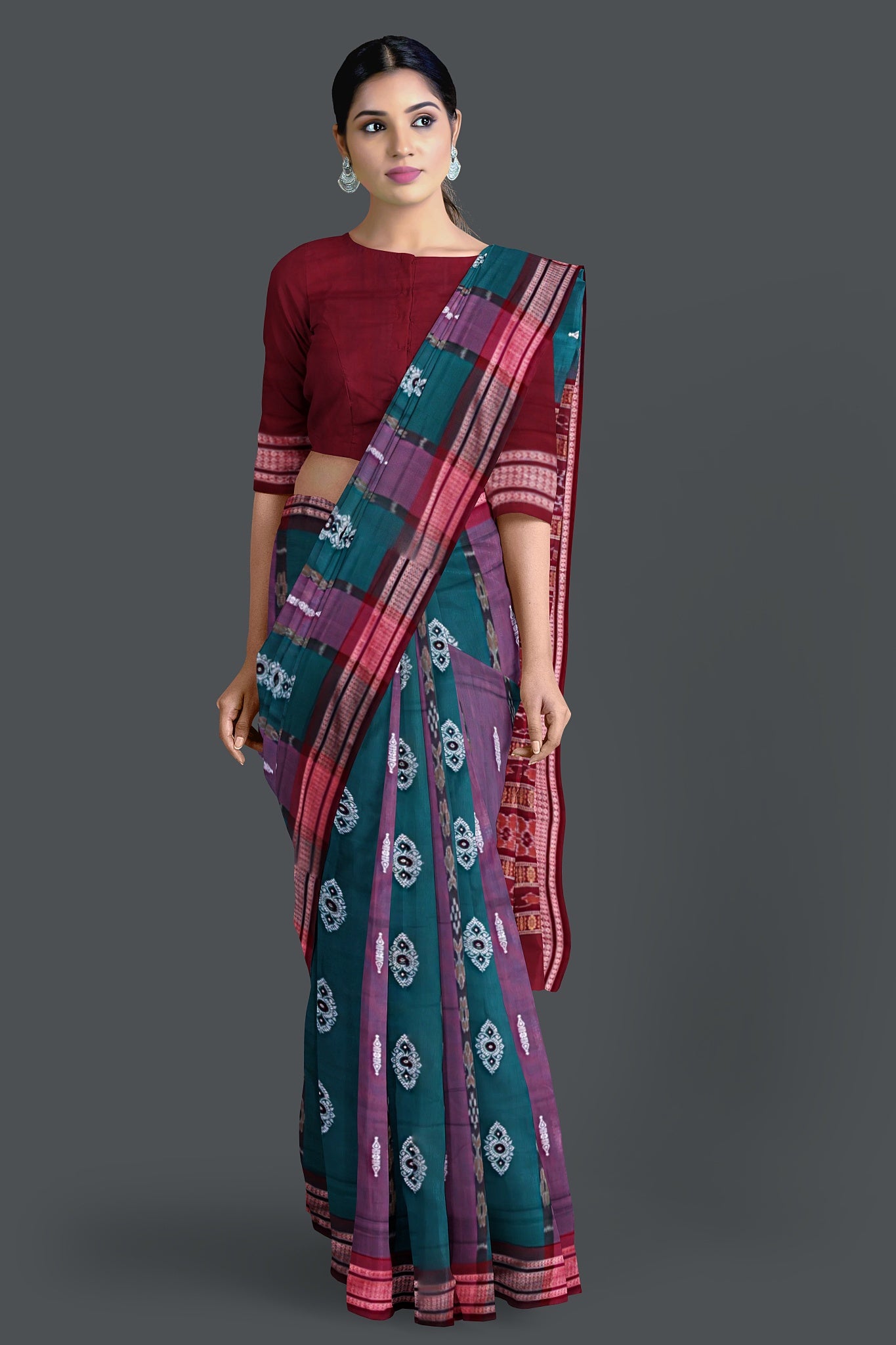 Green Maroon Border Bomkai Saree