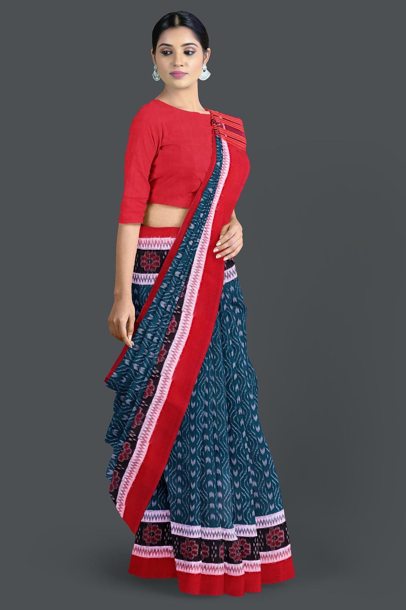 Sea Green Double Border Bandha Saree