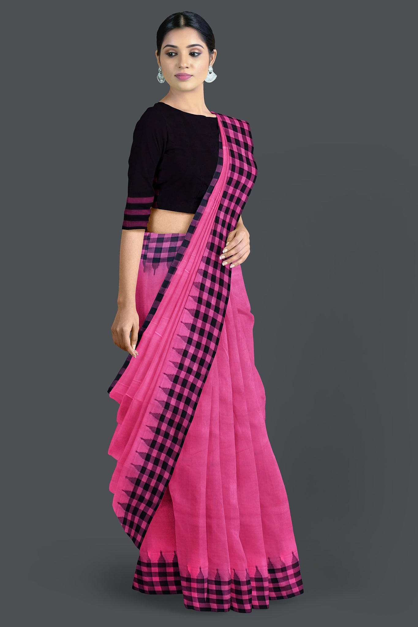 Pink  Up School Saree(Temple Border)