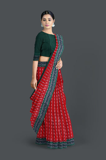 Deep Red Green Border Khajuri Pati Bandha Saree