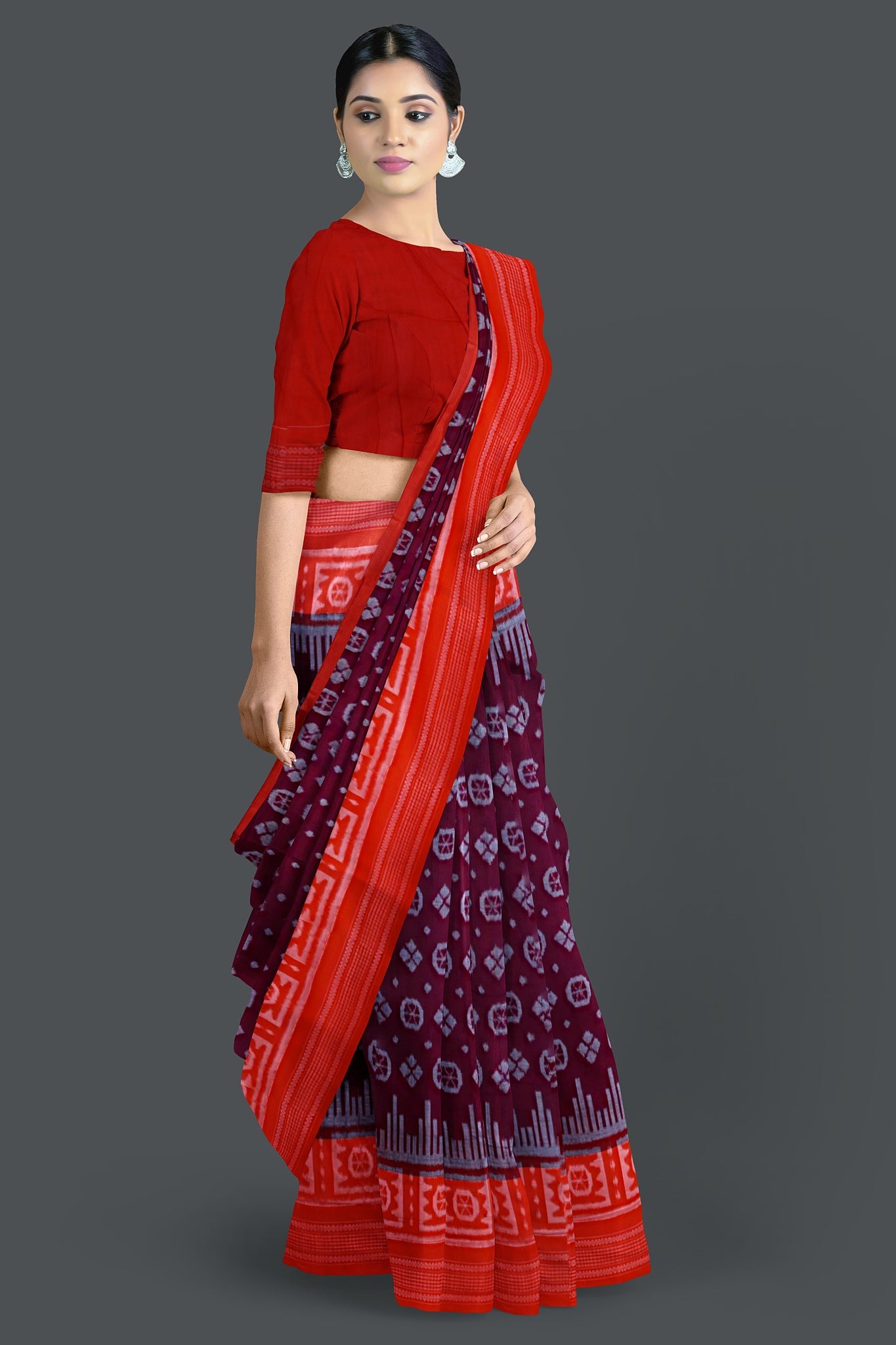 Dark Maroon Big Border Bandha Saree
