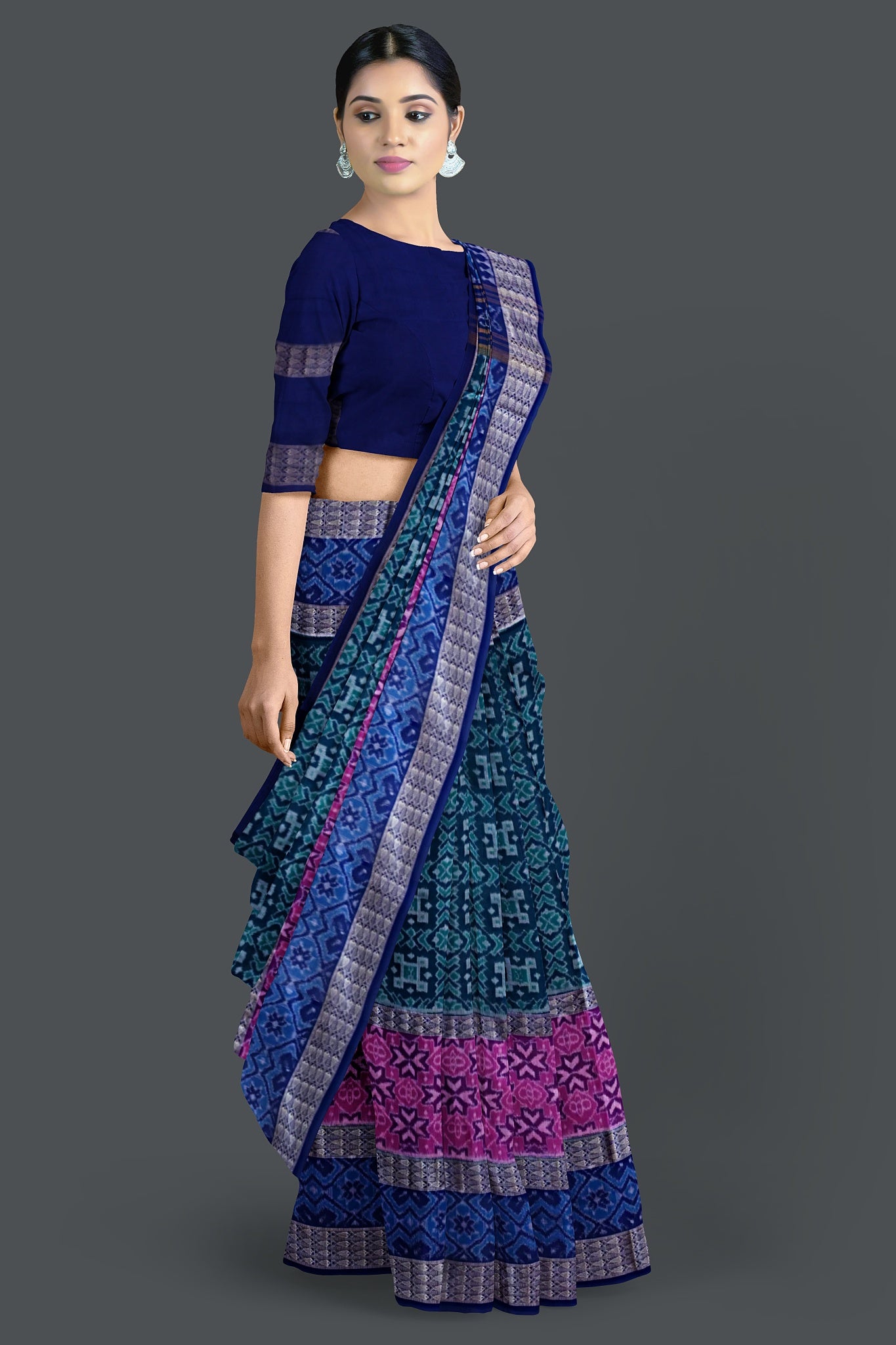 Green Blue Double Border Bandha Saree