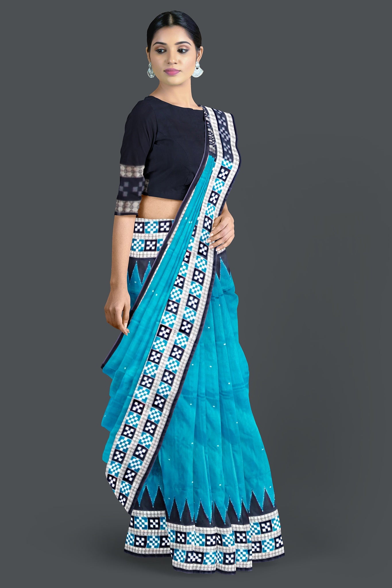 Dark Teal  Border Pasapalli Buti Bomkai Saree