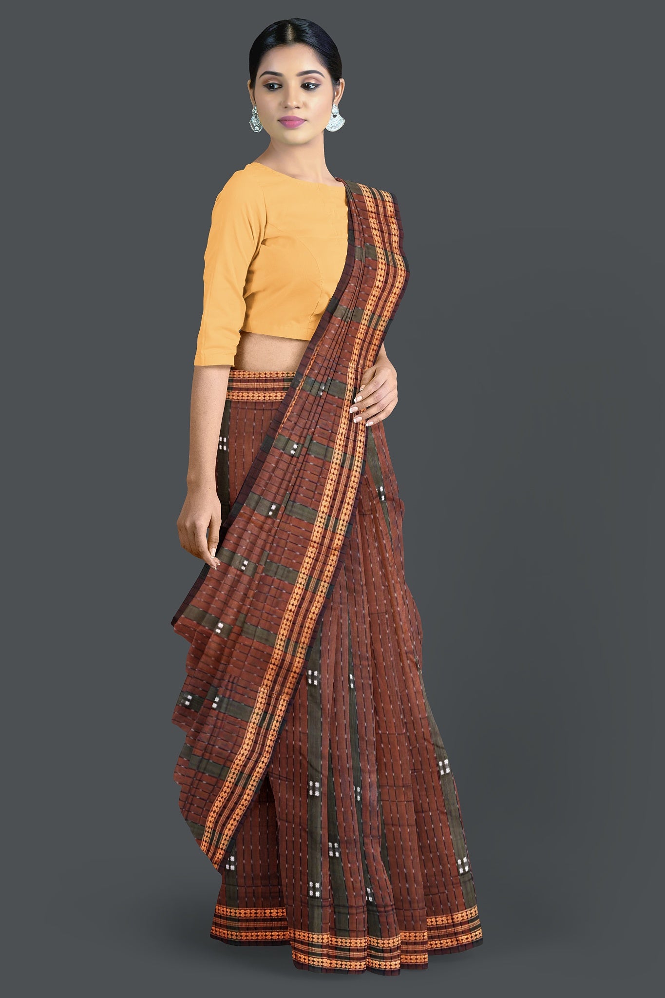 Olive Green And Brown Bomkai Line Butti Saree