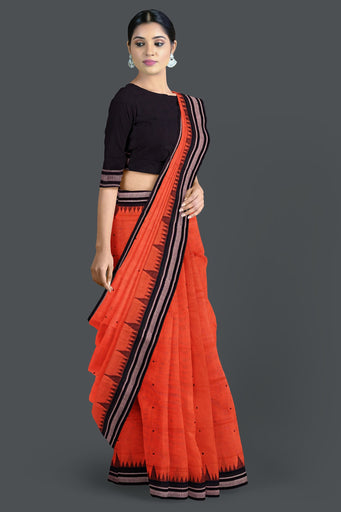 Orange Temple Border Cotton Bapta Saree