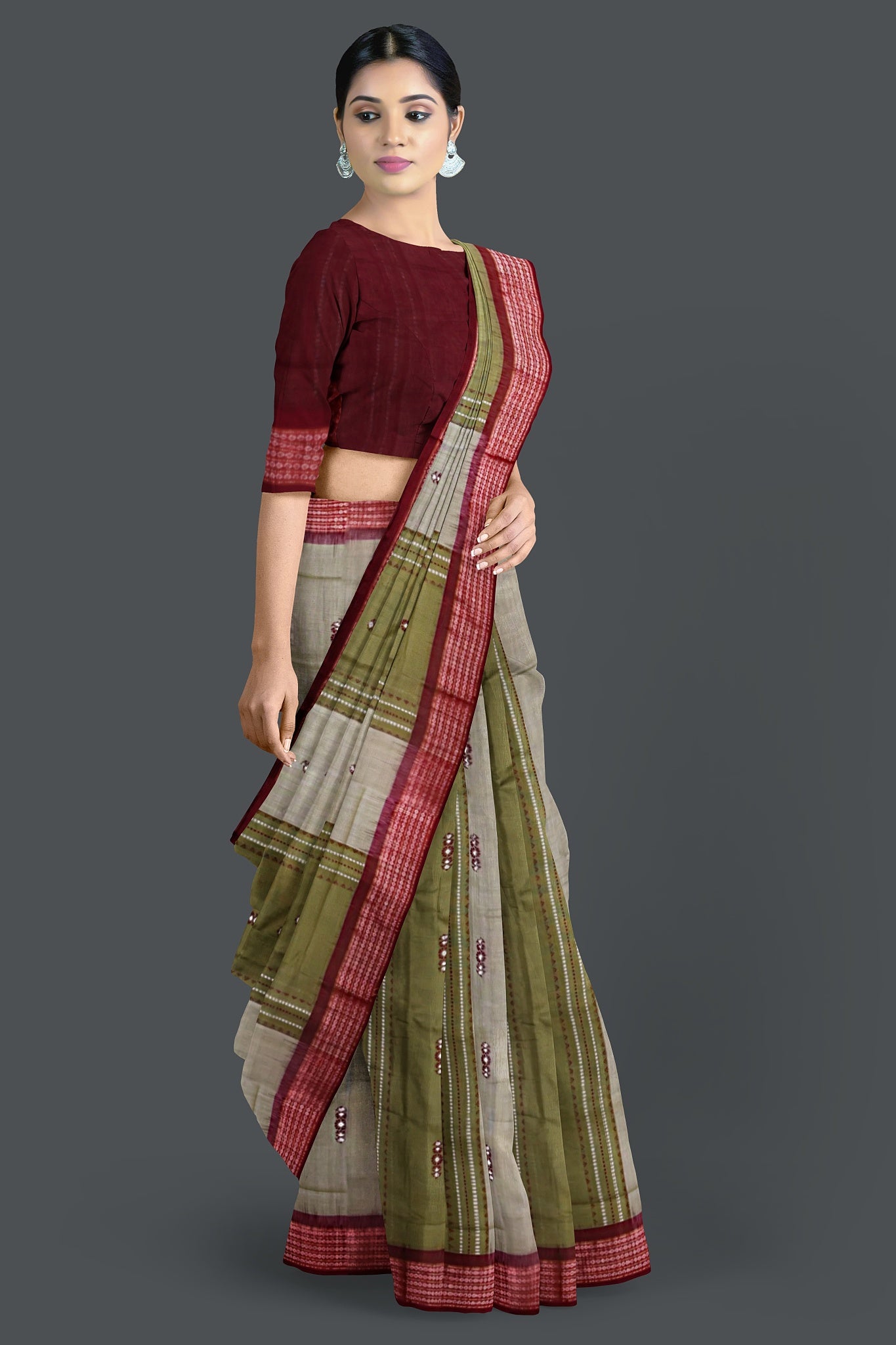 Olive Green Bomkai Saree