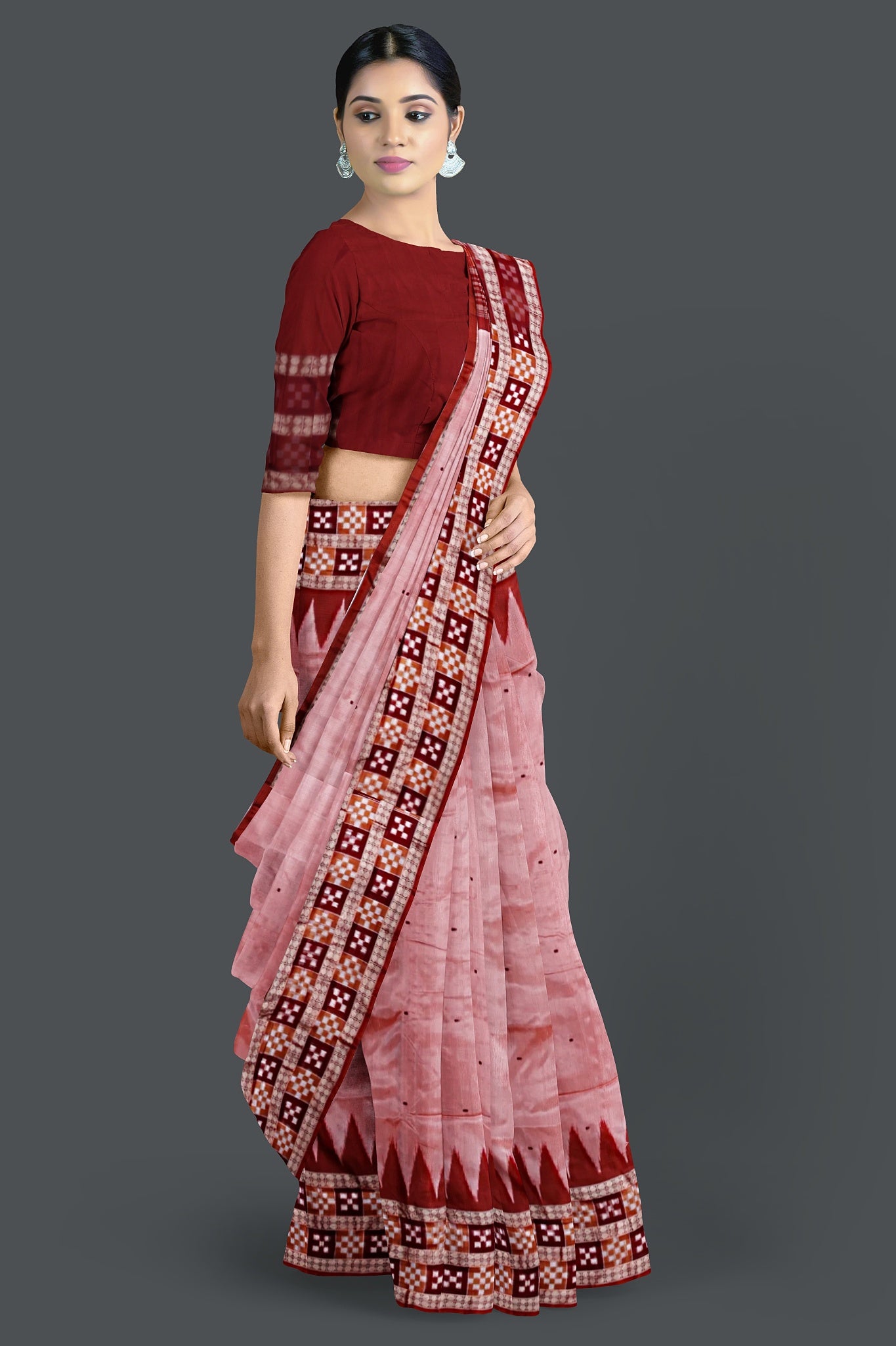 Peach Border Pasapalli Buti Bomkai Saree