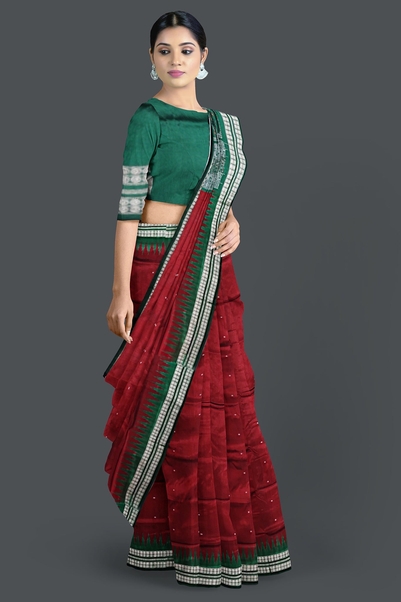Dark Maroon With Forest Green Bomkai Butti Saree