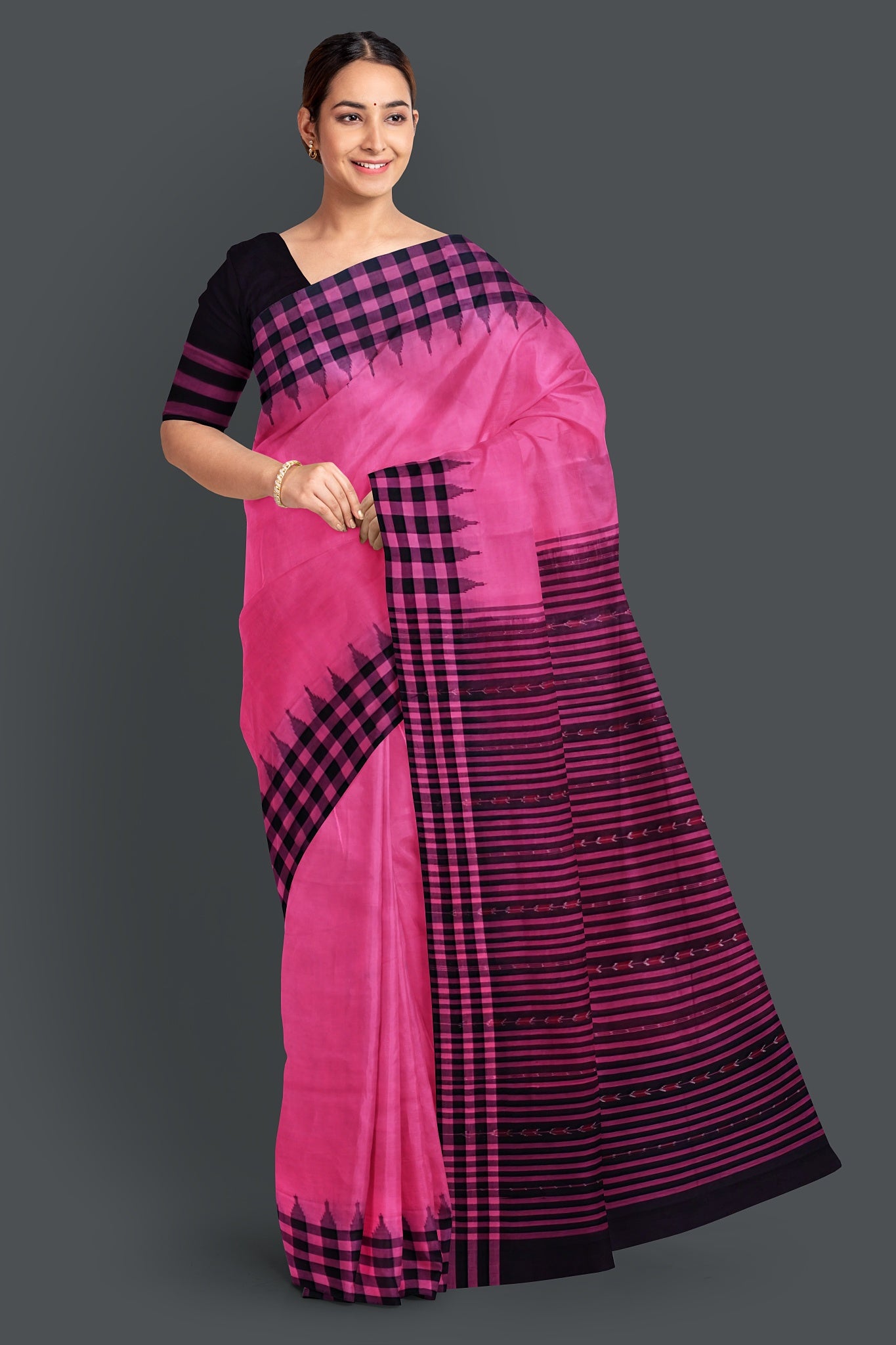 Pink  Up School Saree(Temple Border)